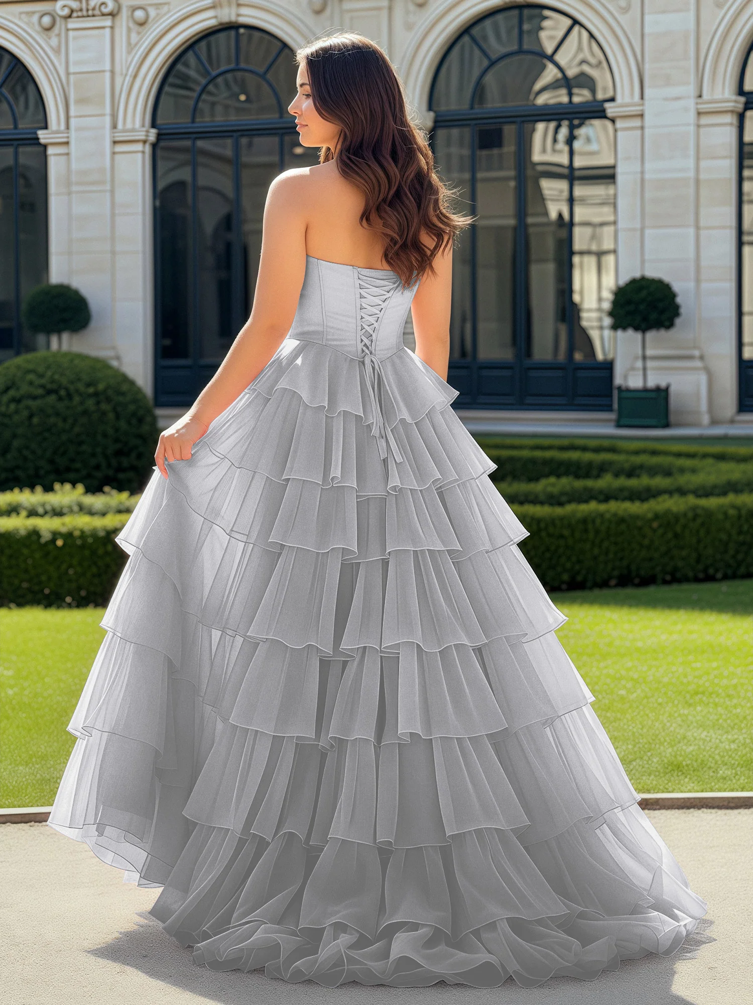 A-Line Beaded Sweetheart Neck Tiered Chiffon Dress Silver - Image 2