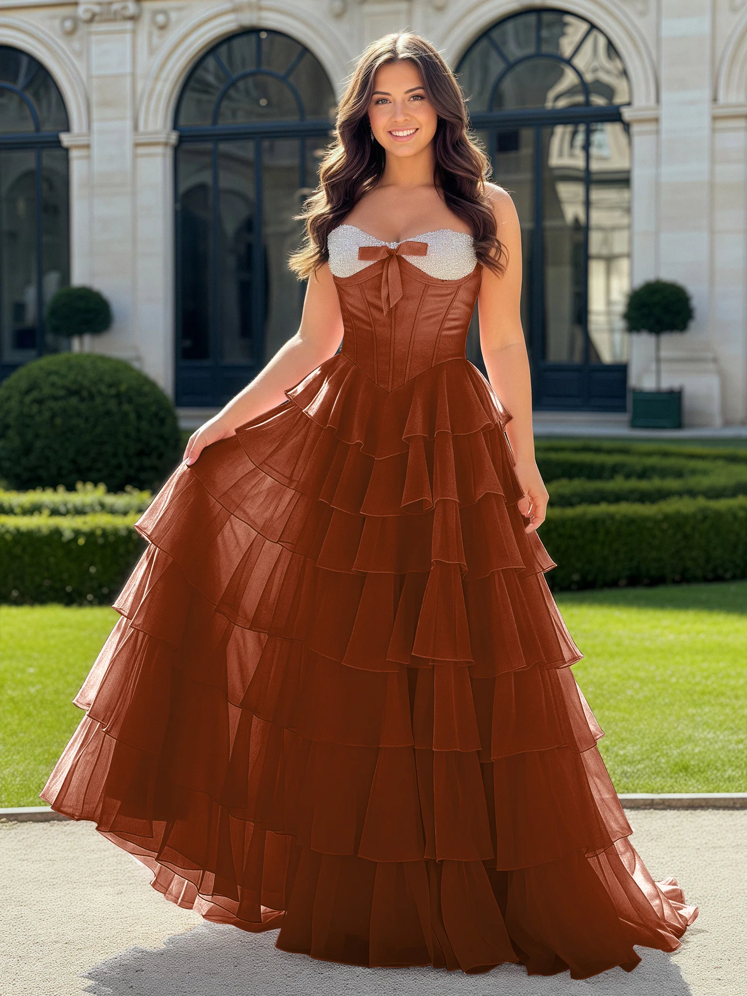 A-Line Beaded Sweetheart Neck Tiered Chiffon Dress Terracotta