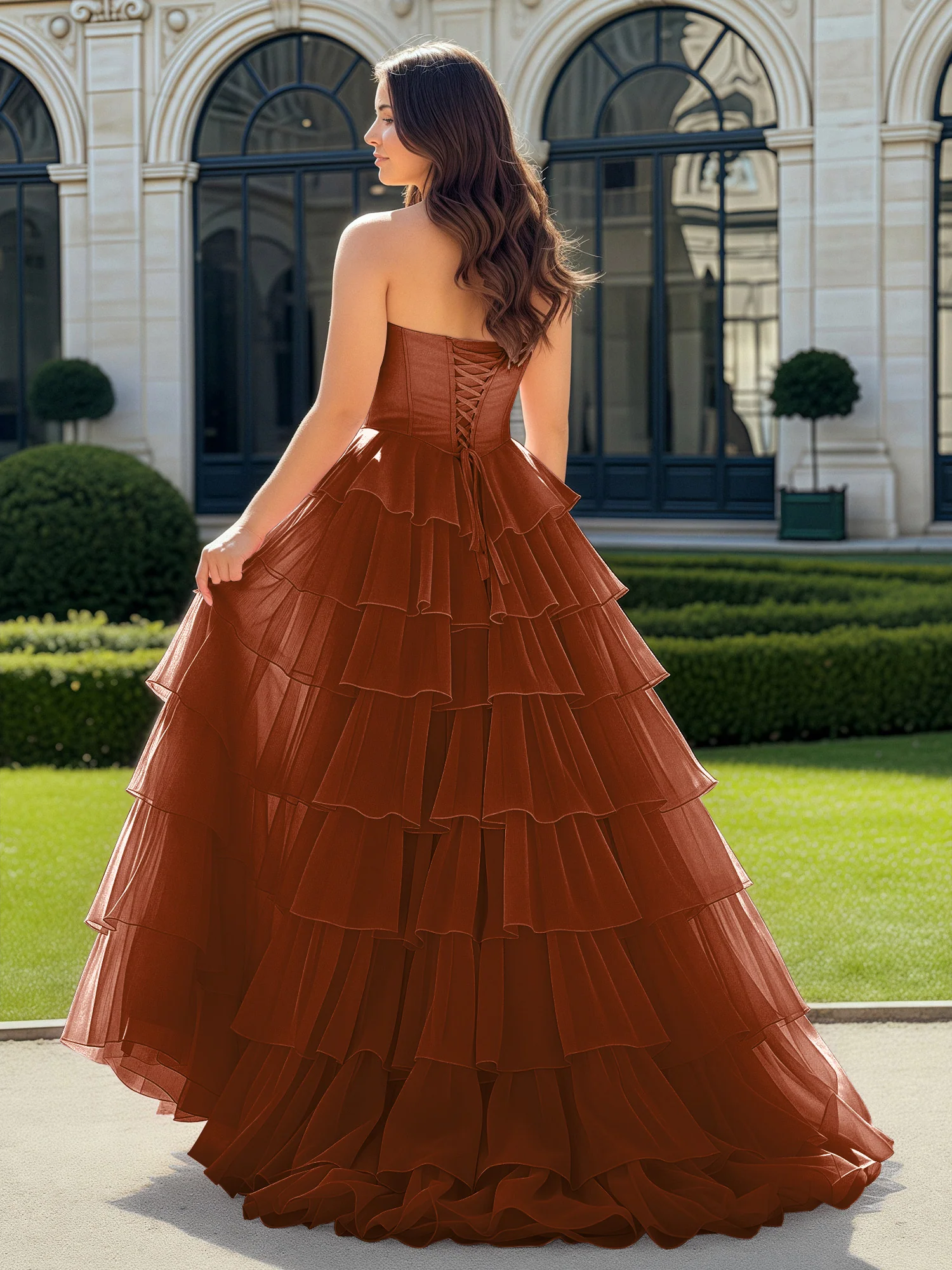 A-Line Beaded Sweetheart Neck Tiered Chiffon Dress Terracotta - Image 2