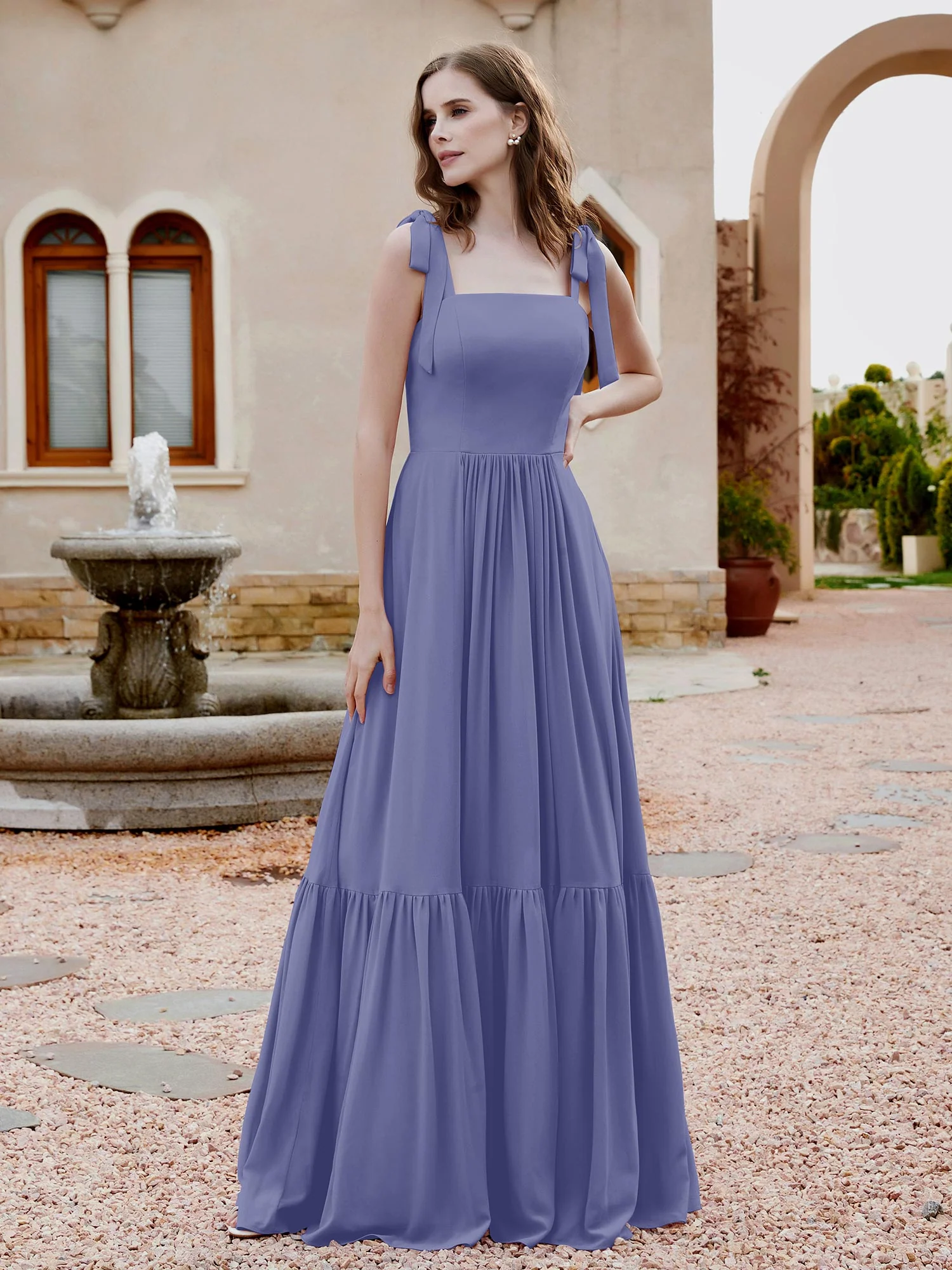 A-Line Bow Ruffle Sleeveless Chiffon Dress Periwinkle Plus Size