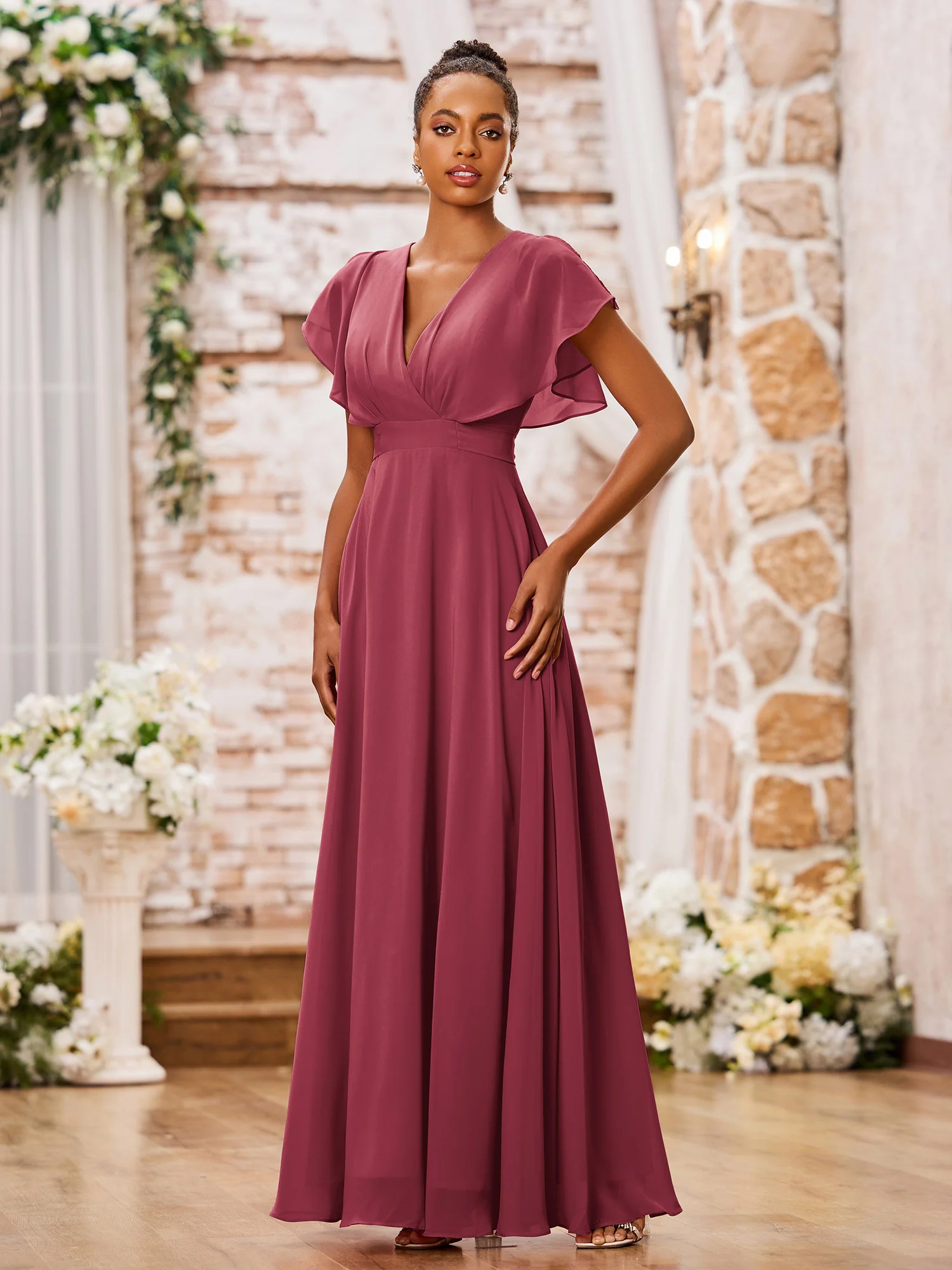 A-line Deep V-neck Long Chiffon Cap Sleeves Dresses Cinnamon Rose - Image 3