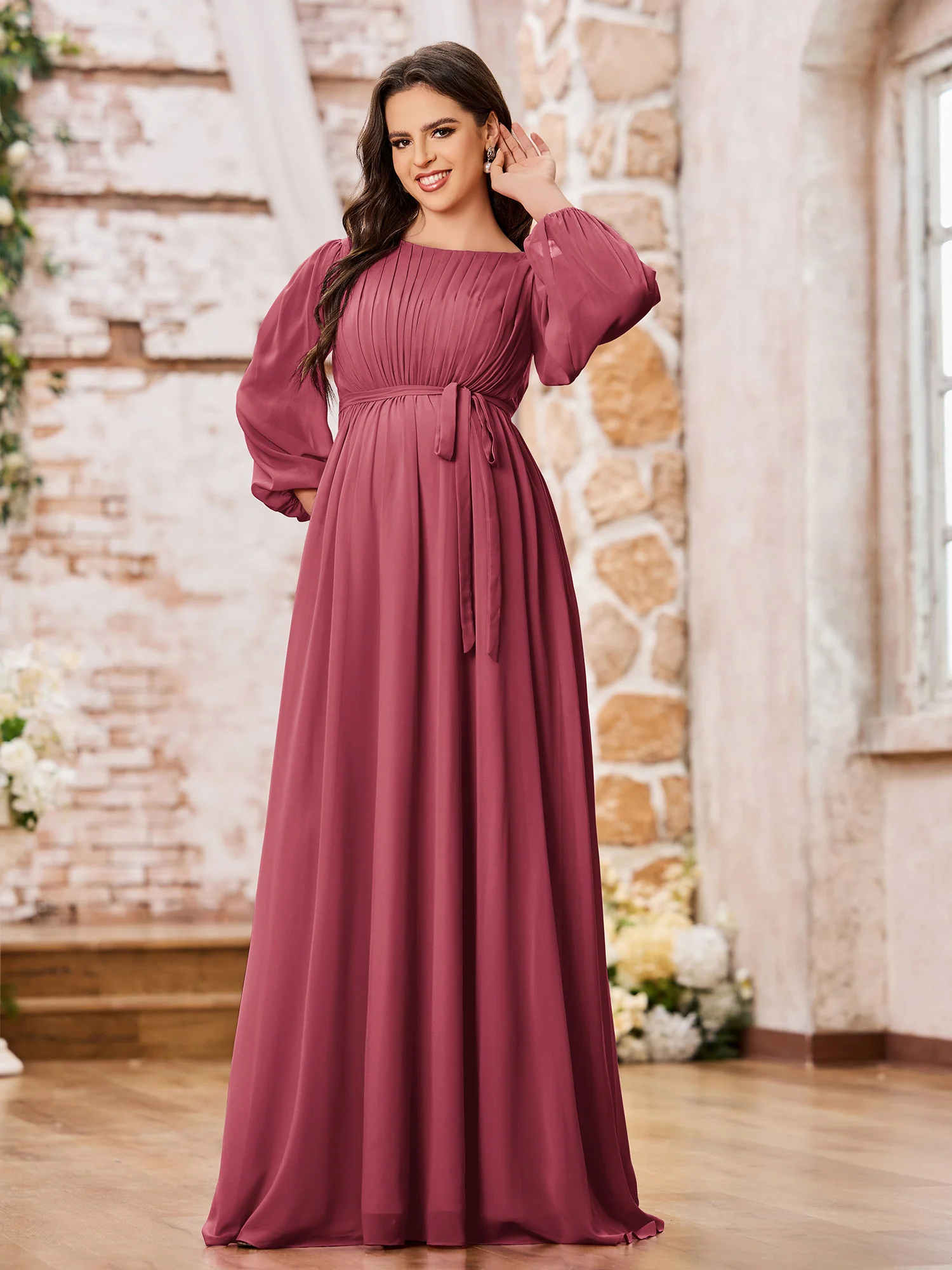 A-line Empire Waist Long Sleeves Chiffon Dresses with Bow Cinnamon Rose