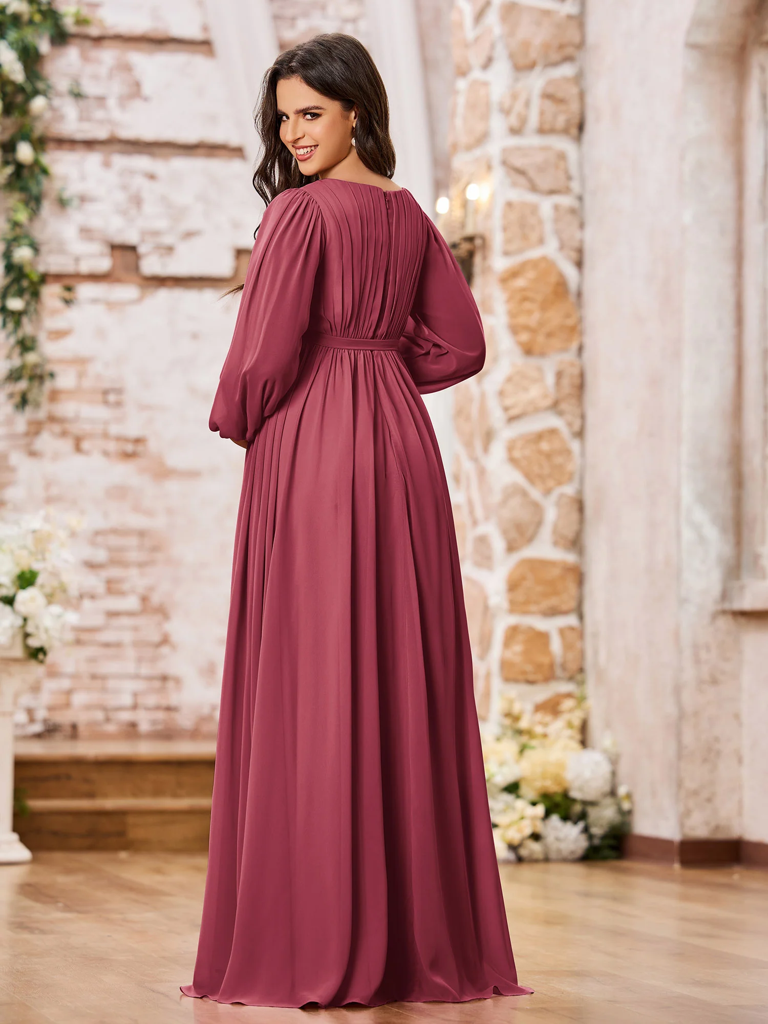 A-line Empire Waist Long Sleeves Chiffon Dresses with Bow Cinnamon Rose - Image 2