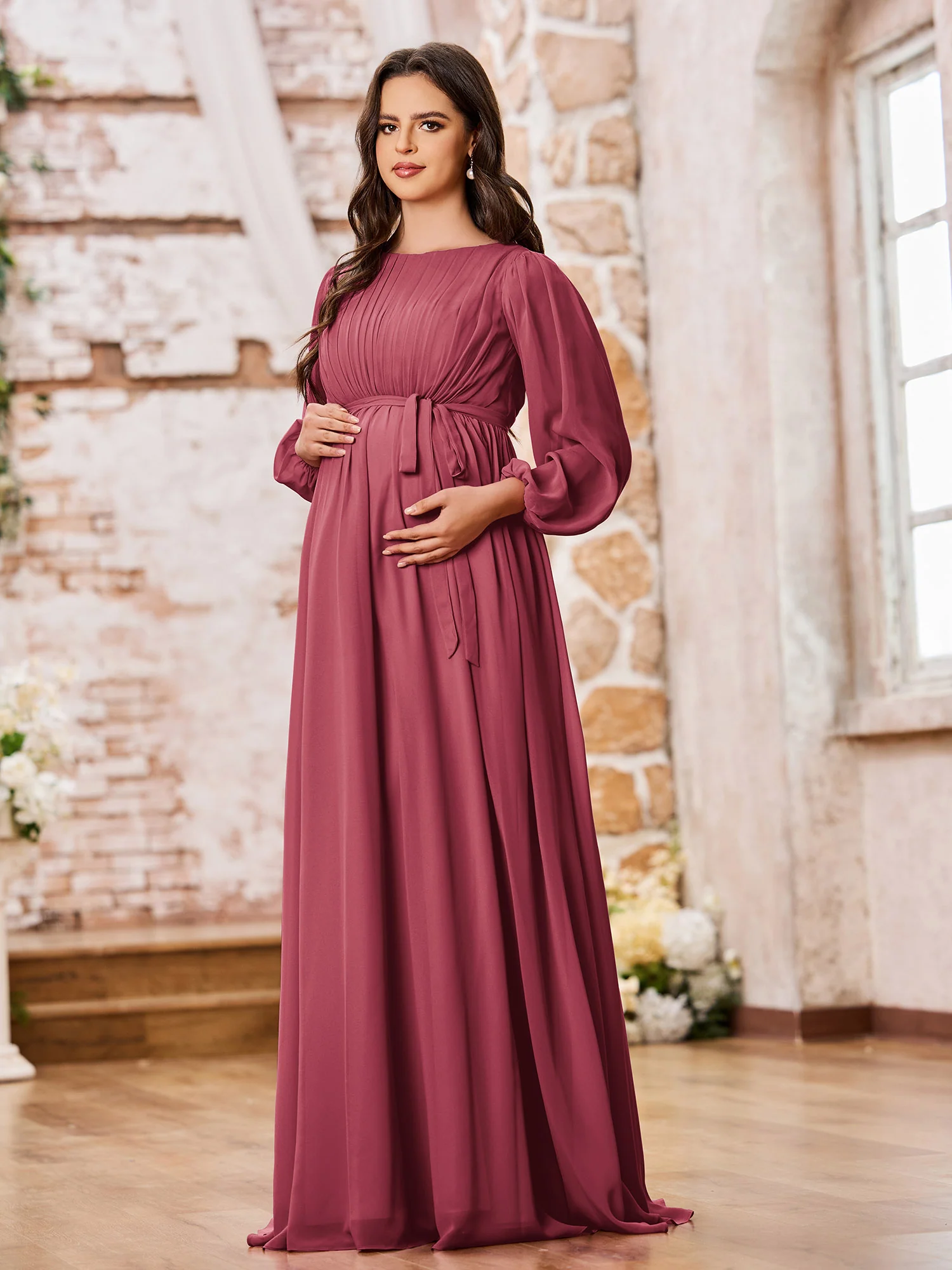 A-line Empire Waist Long Sleeves Chiffon Dresses with Bow Cinnamon Rose - Image 3