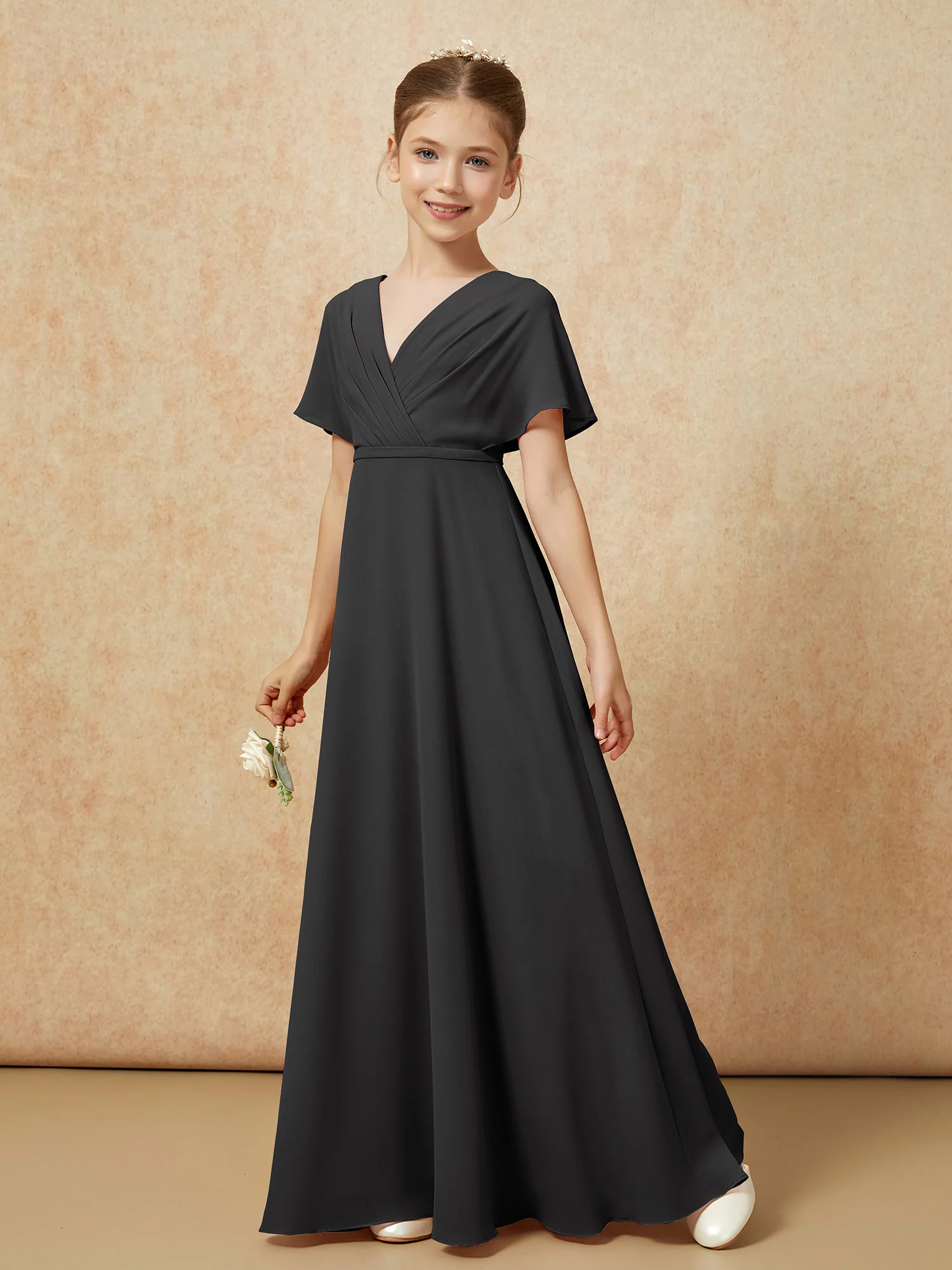 A-Line Flutter Sleeves Chiffon Junior Bridesmaid Dresses Black - Image 6
