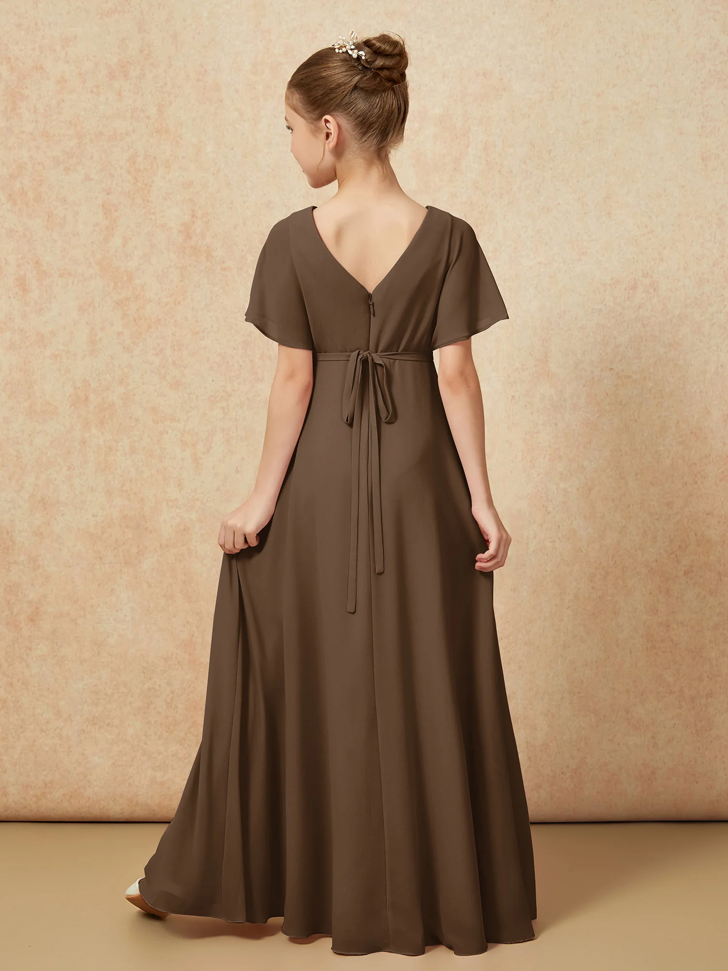 A-Line Flutter Sleeves Chiffon Junior Bridesmaid Dresses Brown - Image 2