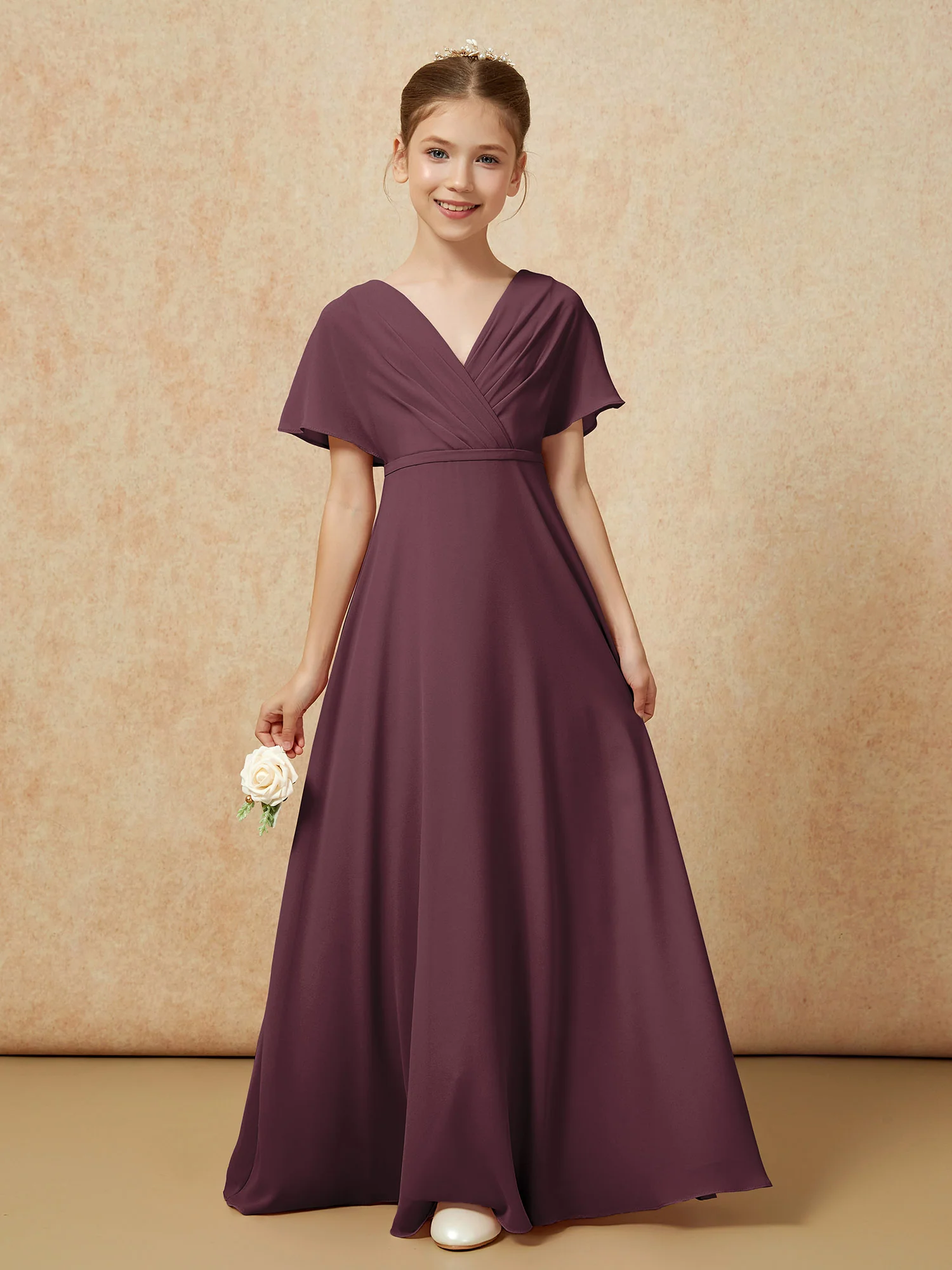A-Line Flutter Sleeves Chiffon Junior Bridesmaid Dresses Cabernet - Image 5