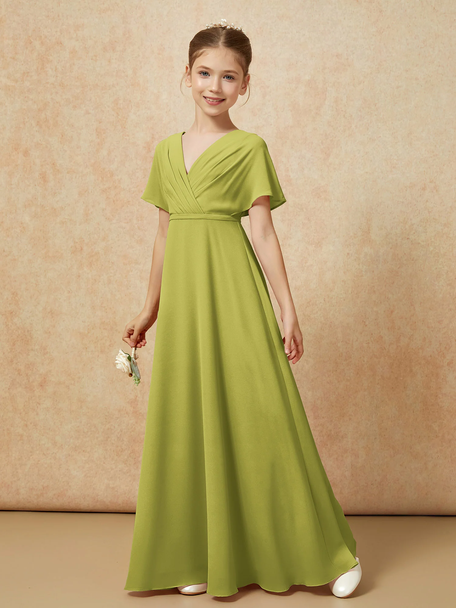 A-Line Flutter Sleeves Chiffon Junior Bridesmaid Dresses Clover - Image 6