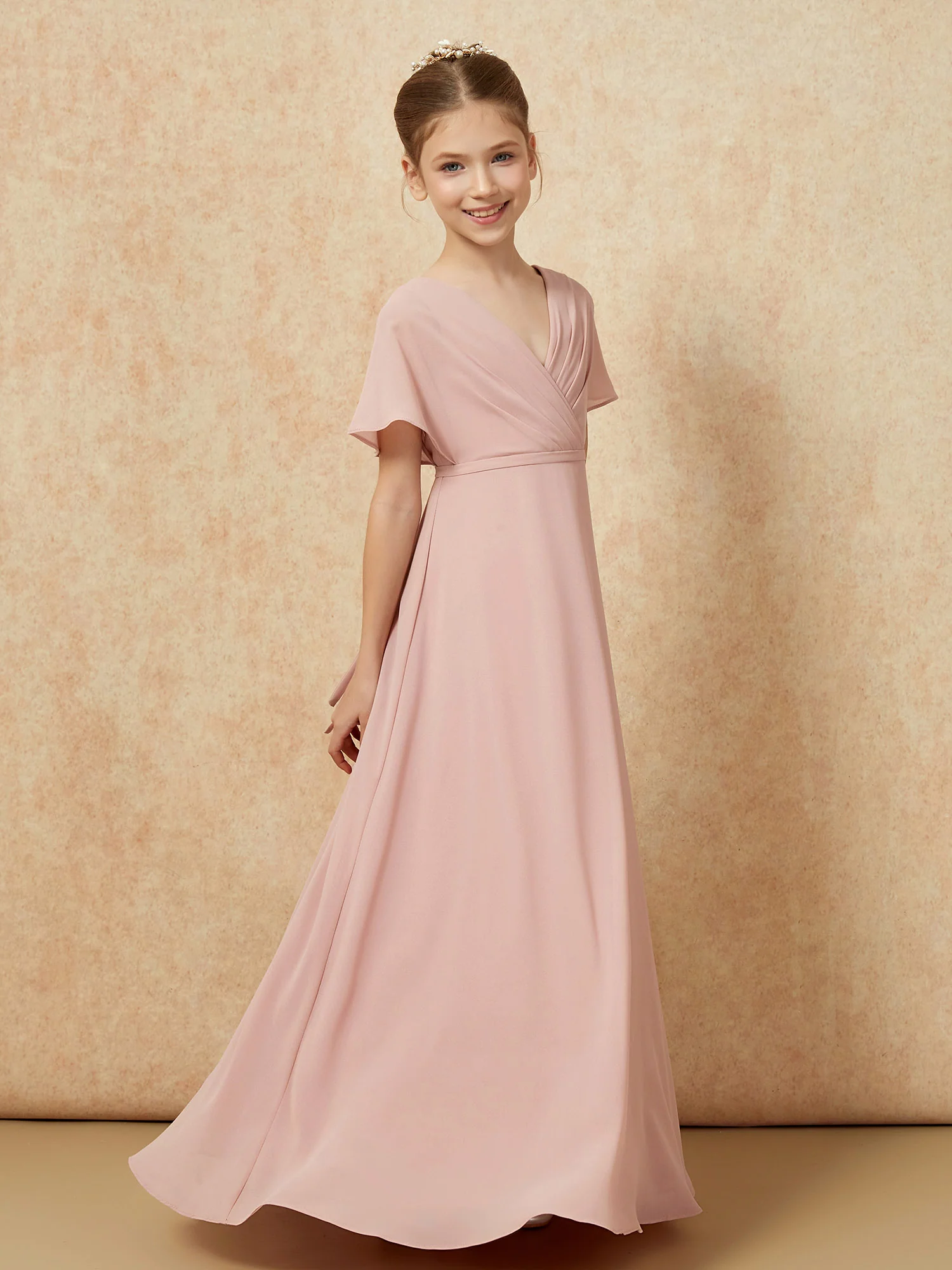 A-Line Flutter Sleeves Chiffon Junior Bridesmaid Dresses Dusty Rose - Image 3