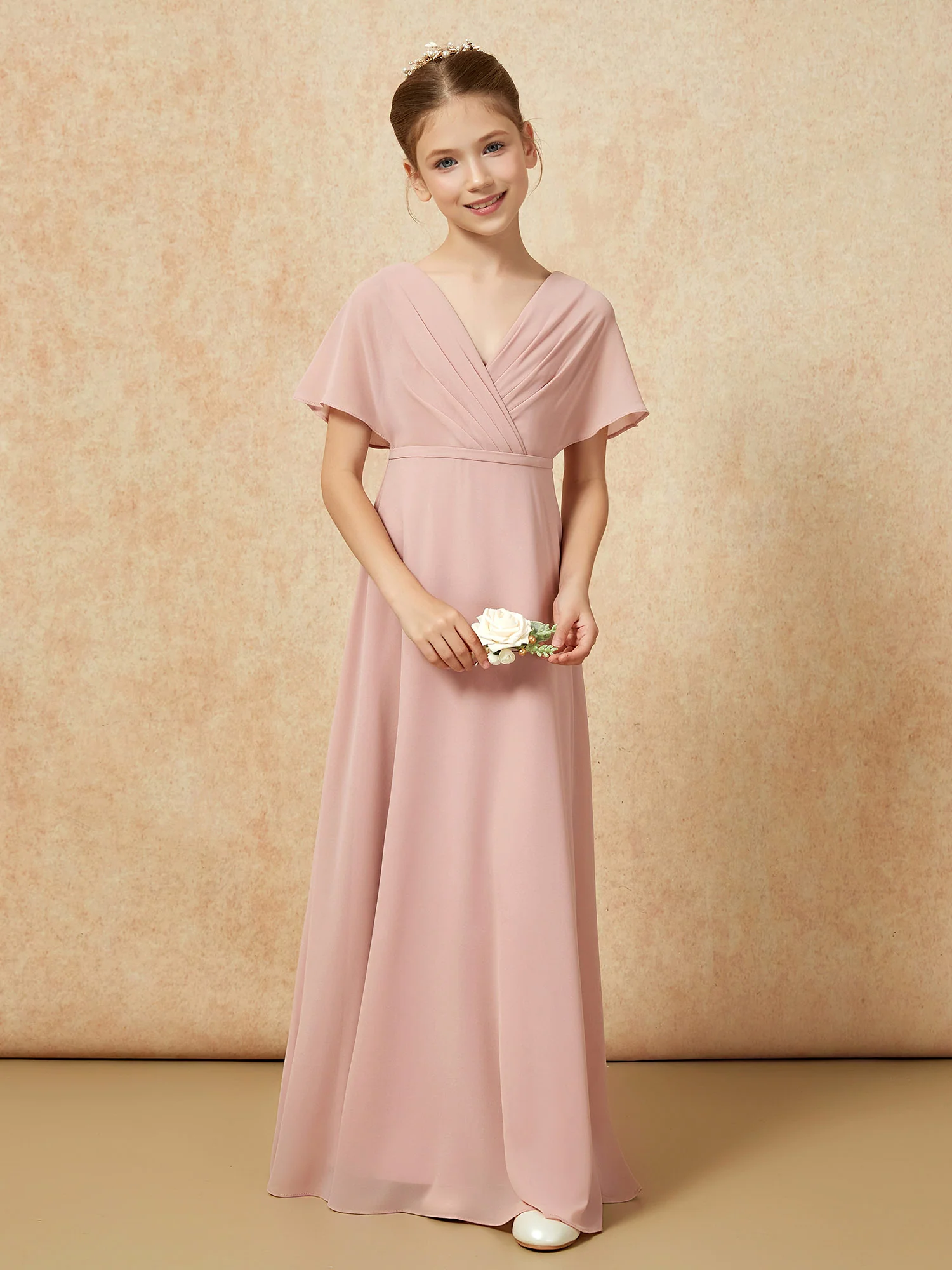 A-Line Flutter Sleeves Chiffon Junior Bridesmaid Dresses Dusty Rose - Image 4