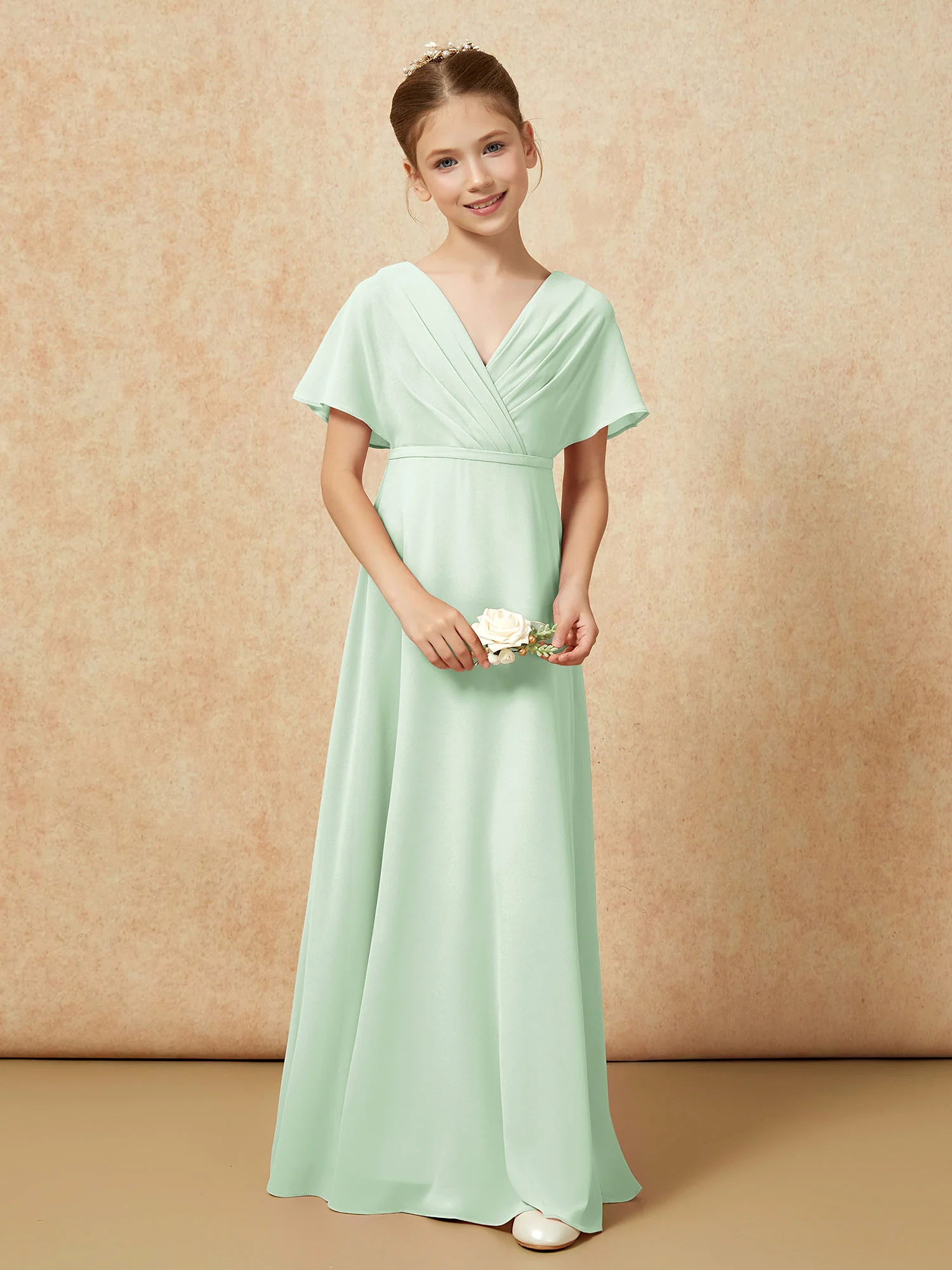 A-Line Flutter Sleeves Chiffon Junior Bridesmaid Dresses Dusty Sage - Image 4