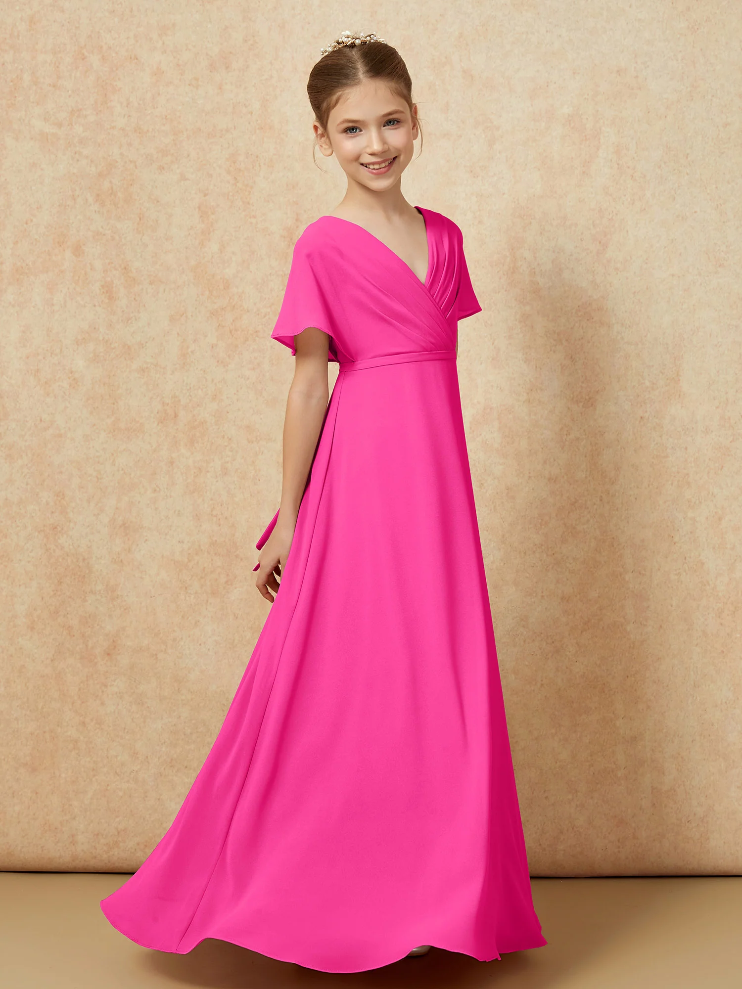 A-Line Flutter Sleeves Chiffon Junior Bridesmaid Dresses Fuchsia - Image 3