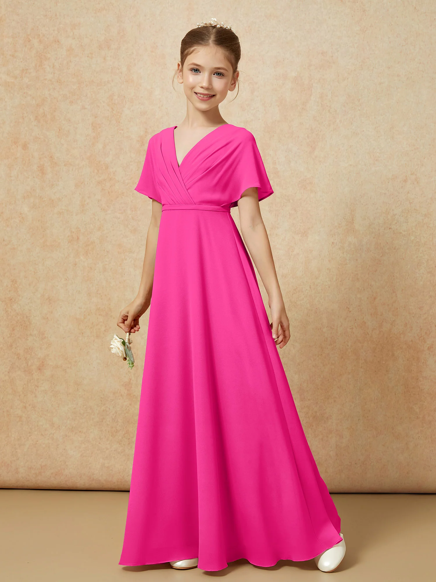 A-Line Flutter Sleeves Chiffon Junior Bridesmaid Dresses Fuchsia - Image 6