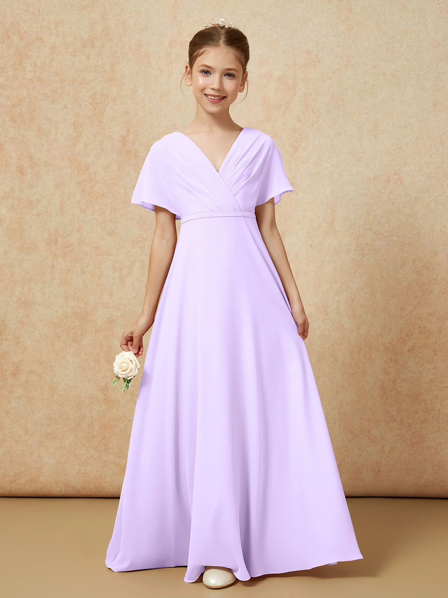 A-Line Flutter Sleeves Chiffon Junior Bridesmaid Dresses Lilac - Image 5