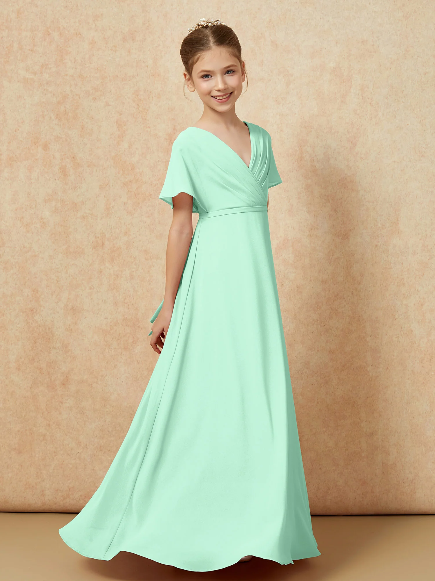 A-Line Flutter Sleeves Chiffon Junior Bridesmaid Dresses Mint Green - Image 3