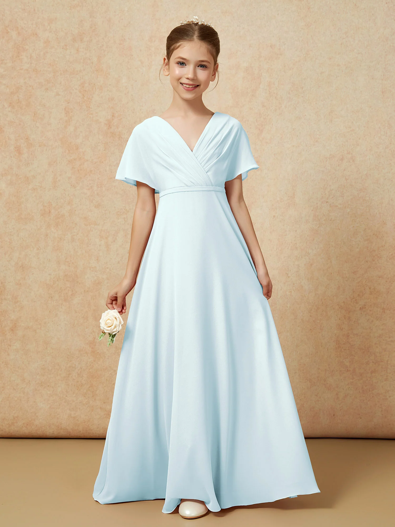 A-Line Flutter Sleeves Chiffon Junior Bridesmaid Dresses Mist - Image 5