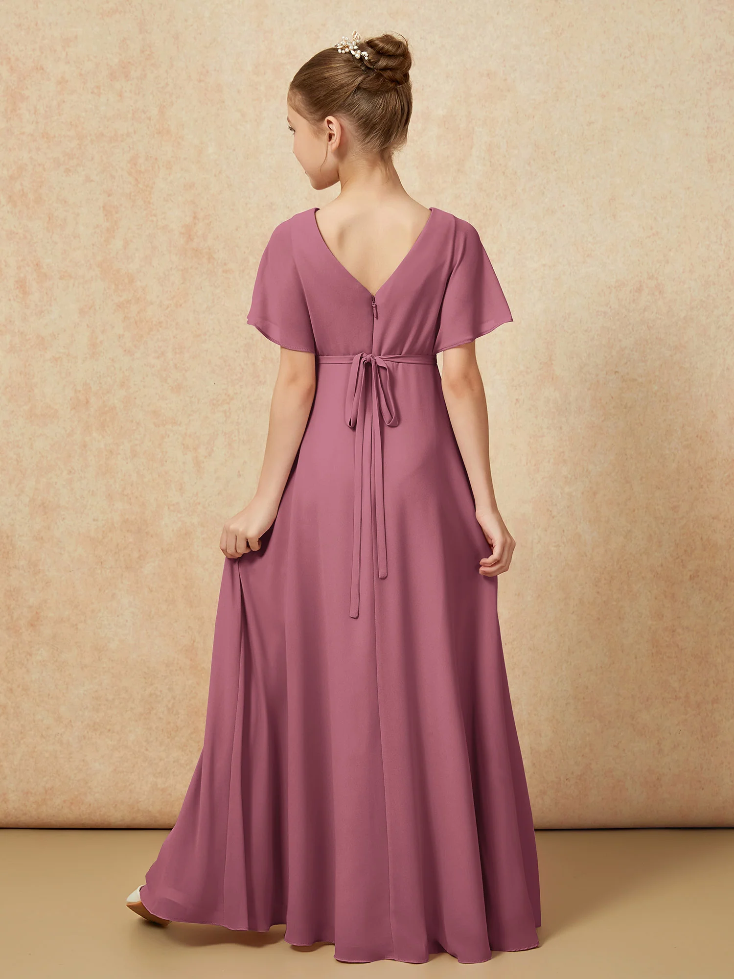 A-Line Flutter Sleeves Chiffon Junior Bridesmaid Dresses Mulberry - Image 2