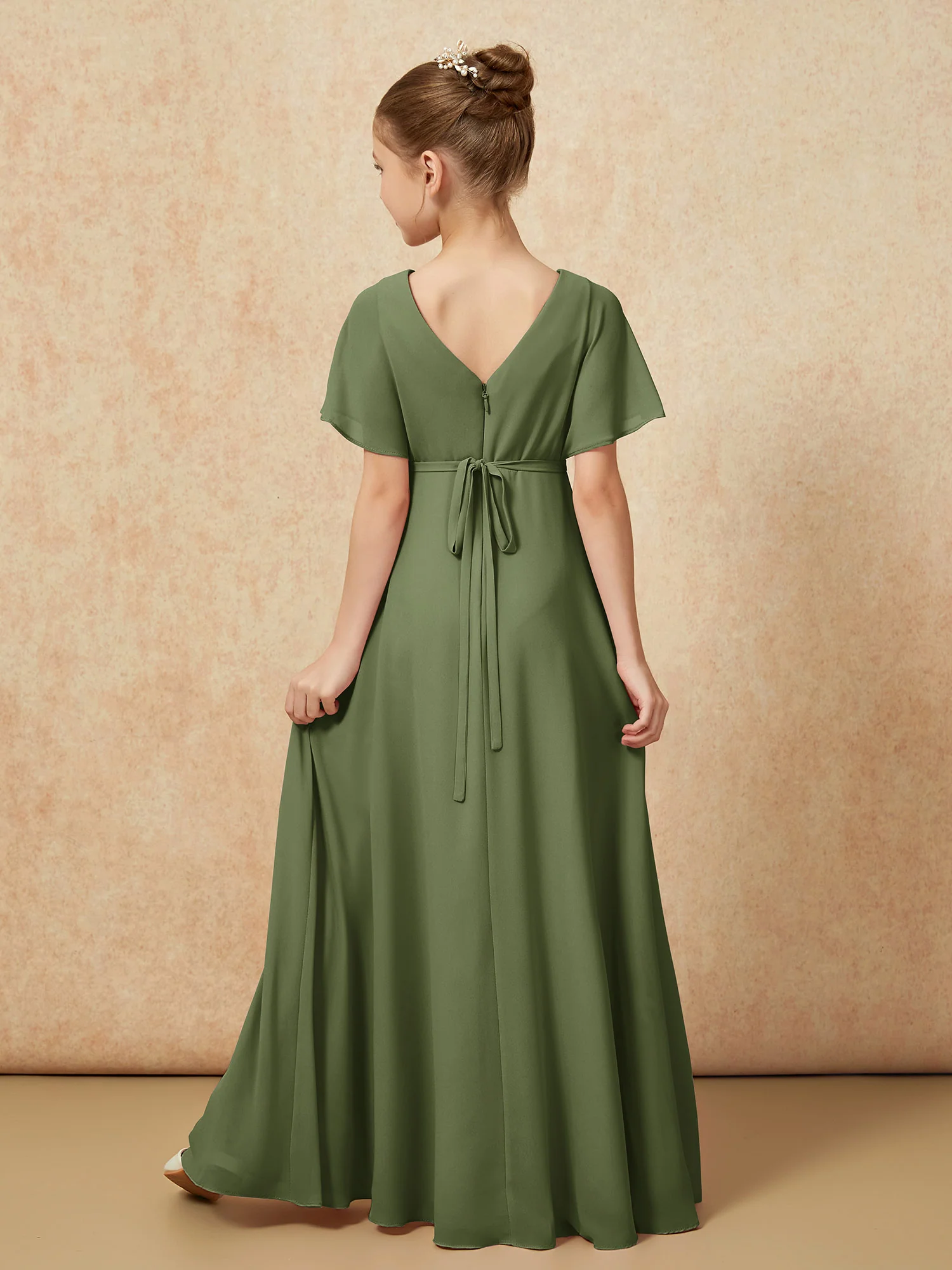A-Line Flutter Sleeves Chiffon Junior Bridesmaid Dresses Olive Green - Image 2
