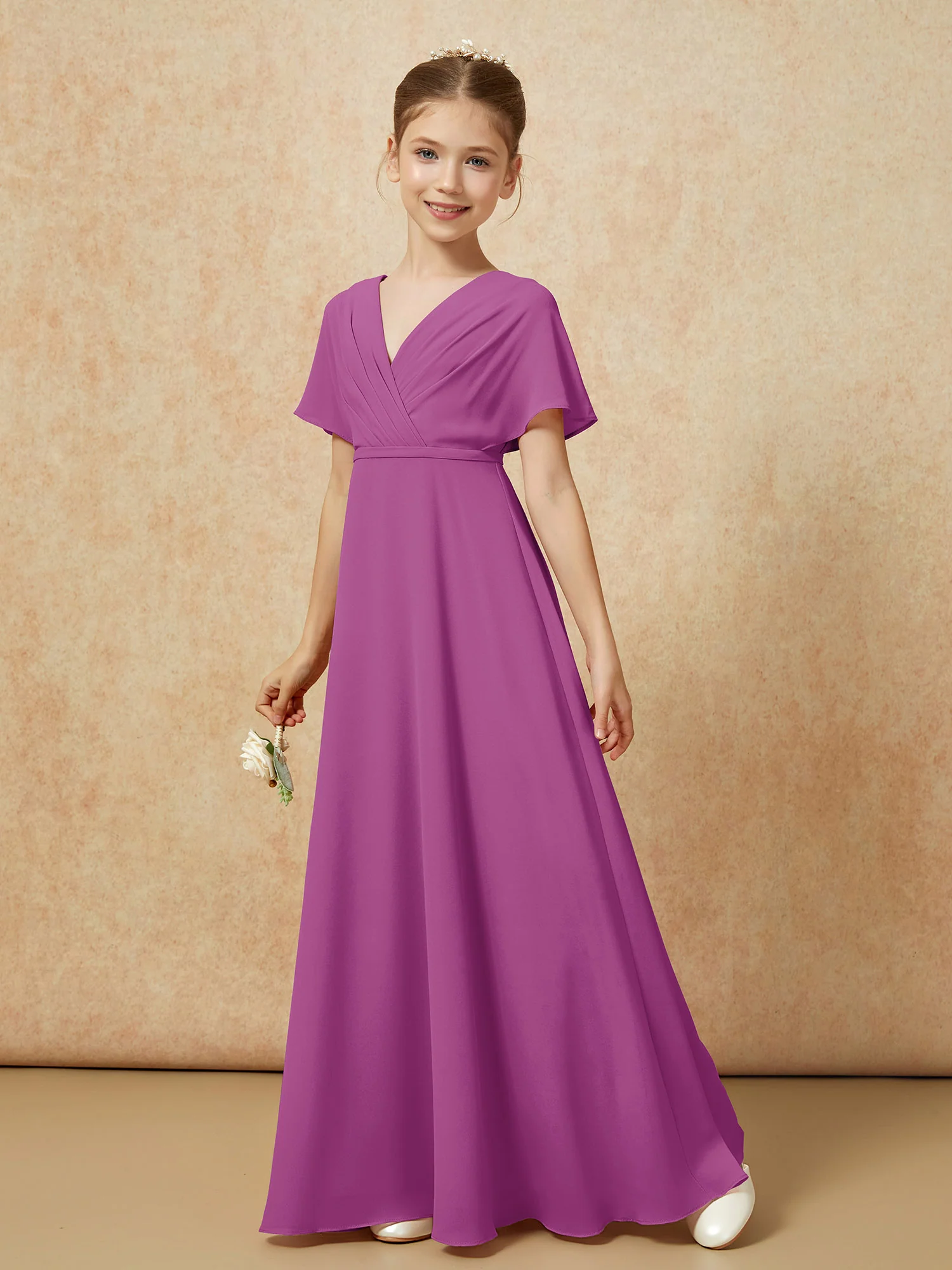 A-Line Flutter Sleeves Chiffon Junior Bridesmaid Dresses Orchid - Image 6