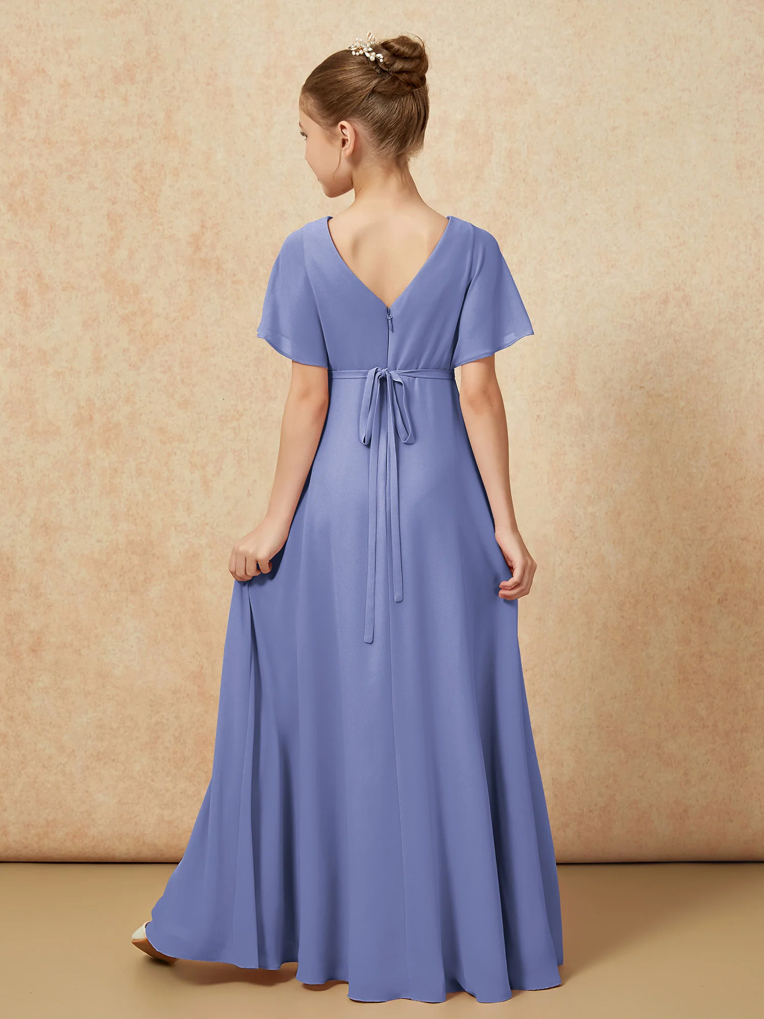 A-Line Flutter Sleeves Chiffon Junior Bridesmaid Dresses Periwinkle - Image 2