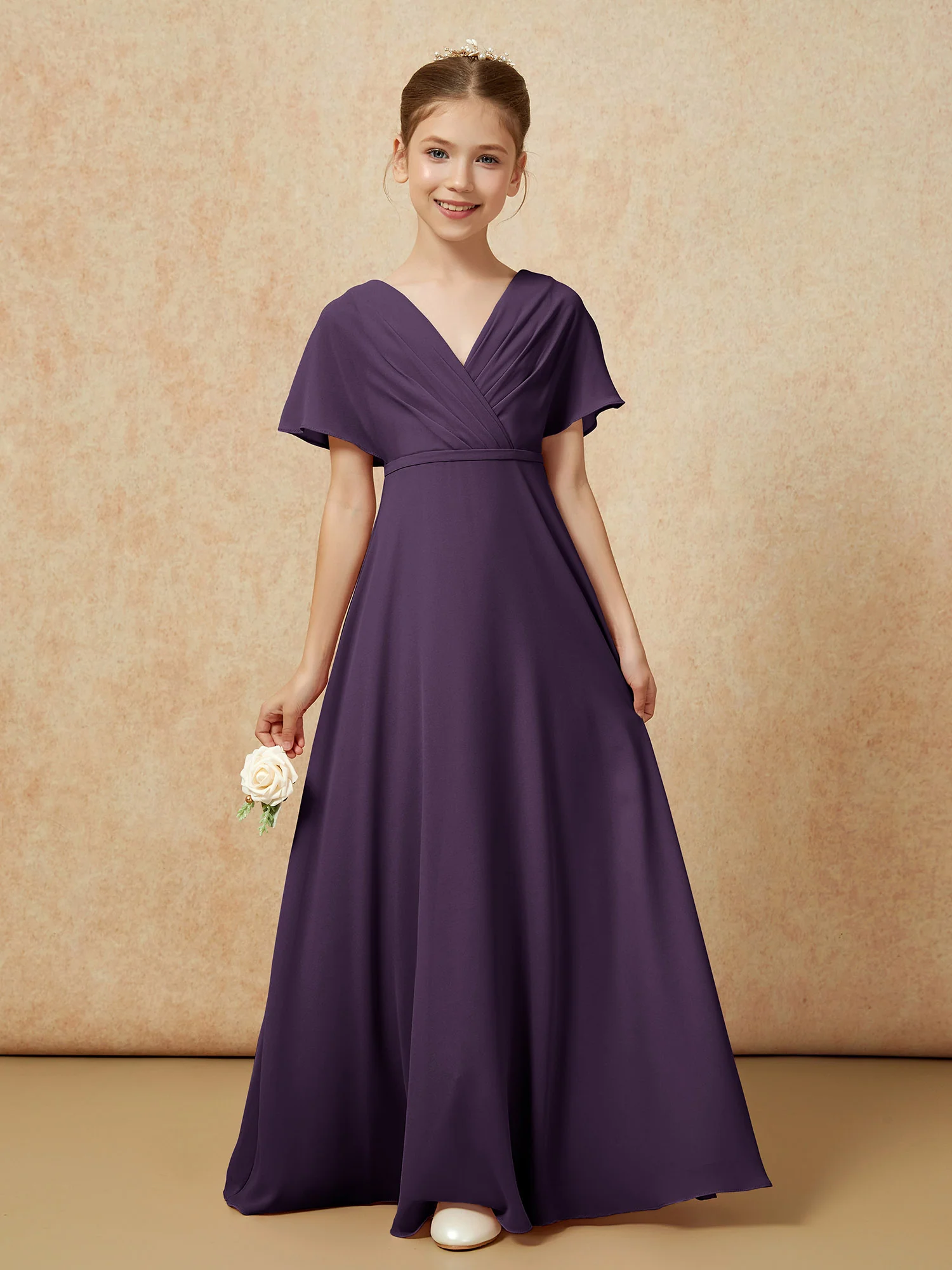 A-Line Flutter Sleeves Chiffon Junior Bridesmaid Dresses Plum - Image 5
