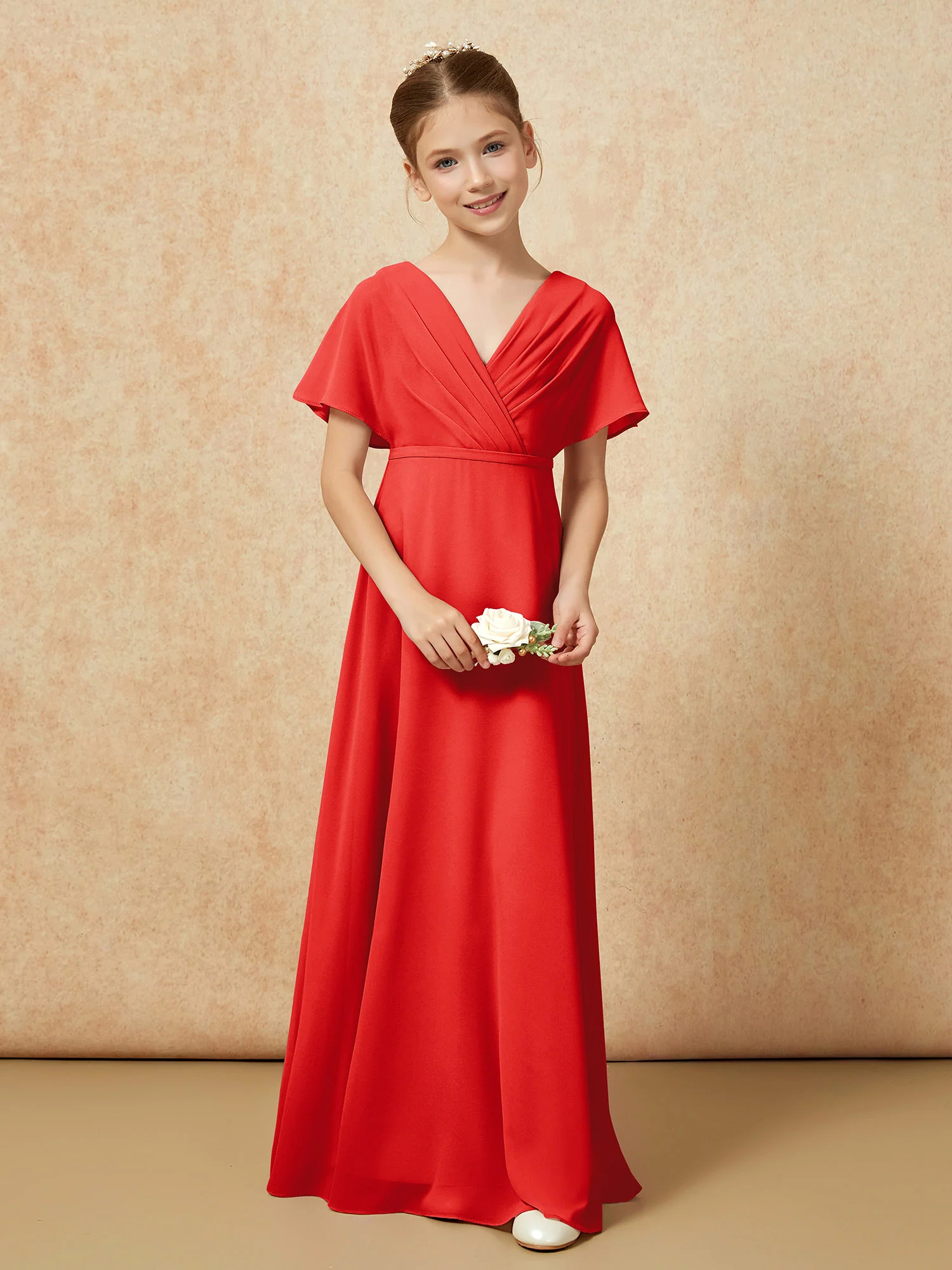 A-Line Flutter Sleeves Chiffon Junior Bridesmaid Dresses Red - Image 4