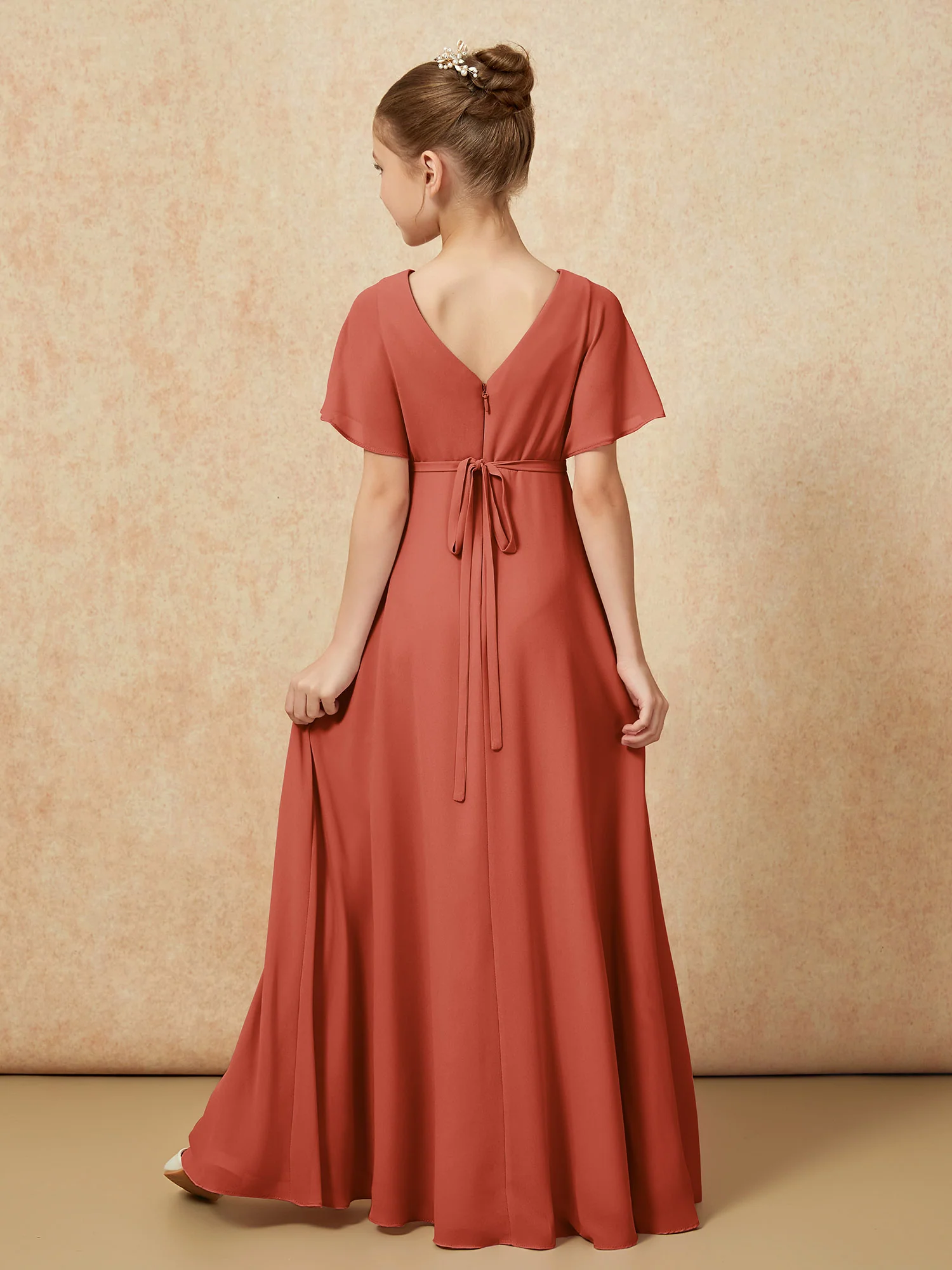 A-Line Flutter Sleeves Chiffon Junior Bridesmaid Dresses Rust - Image 2
