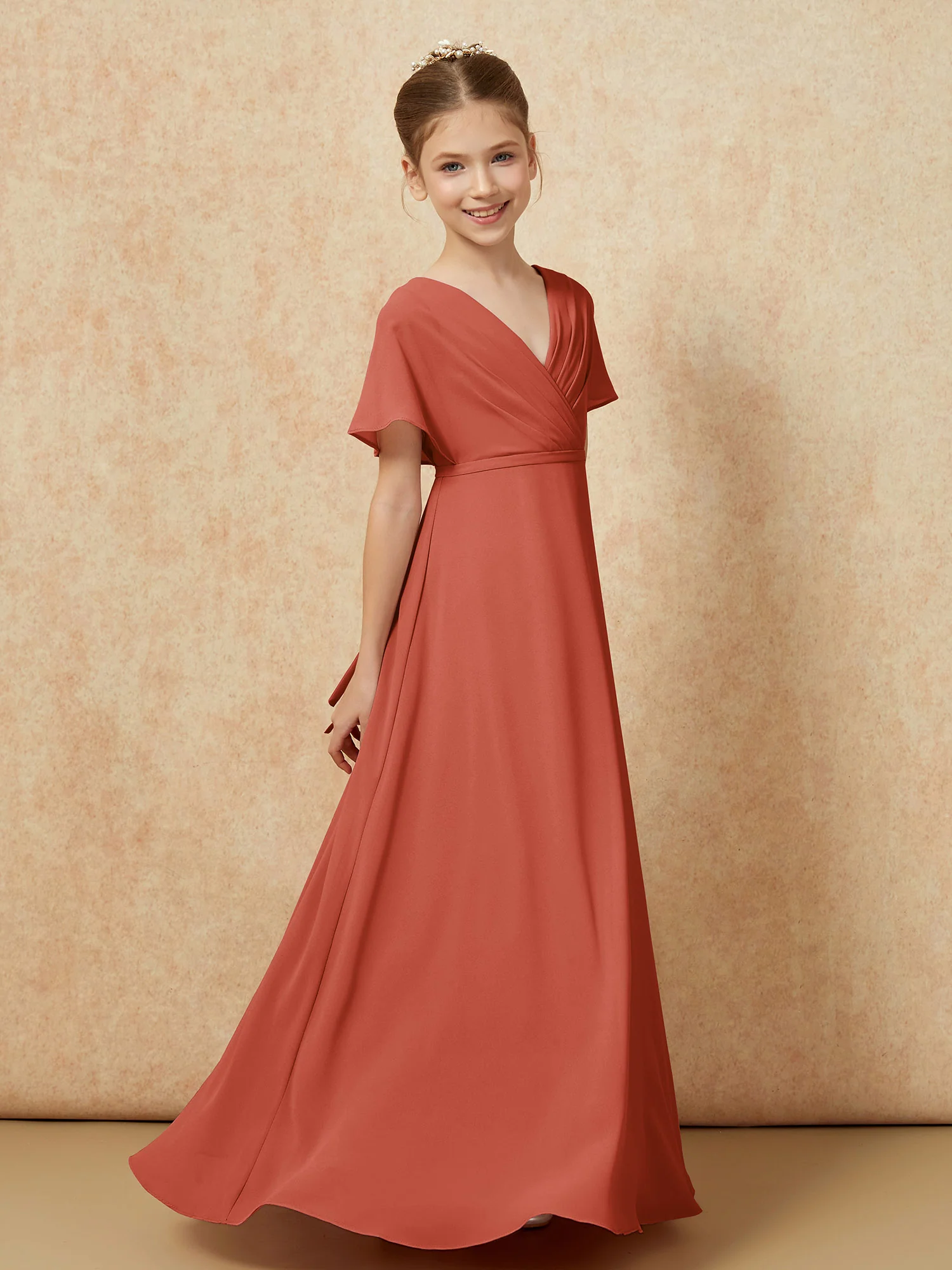 A-Line Flutter Sleeves Chiffon Junior Bridesmaid Dresses Rust - Image 3