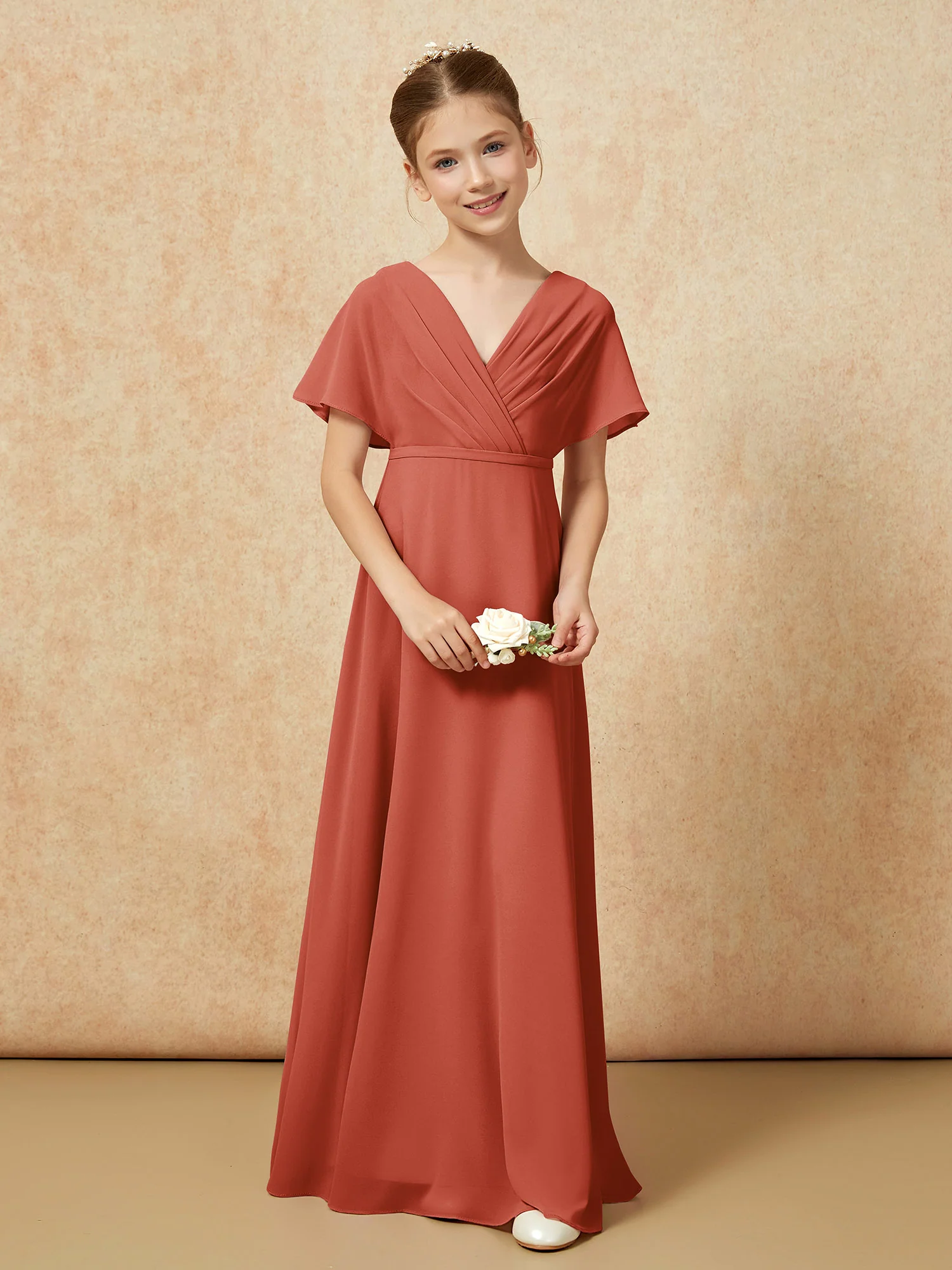 A-Line Flutter Sleeves Chiffon Junior Bridesmaid Dresses Rust - Image 4