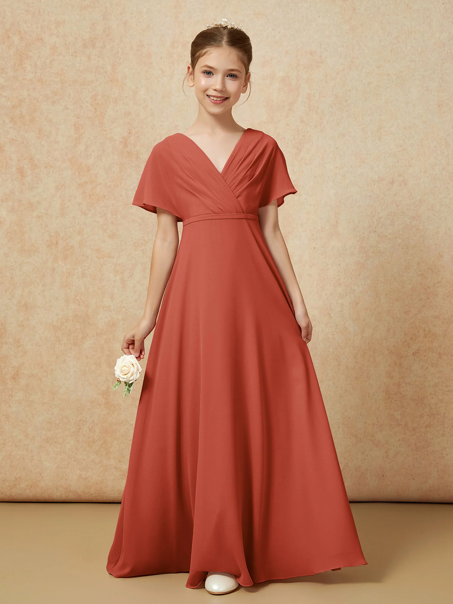 A-Line Flutter Sleeves Chiffon Junior Bridesmaid Dresses Rust - Image 5