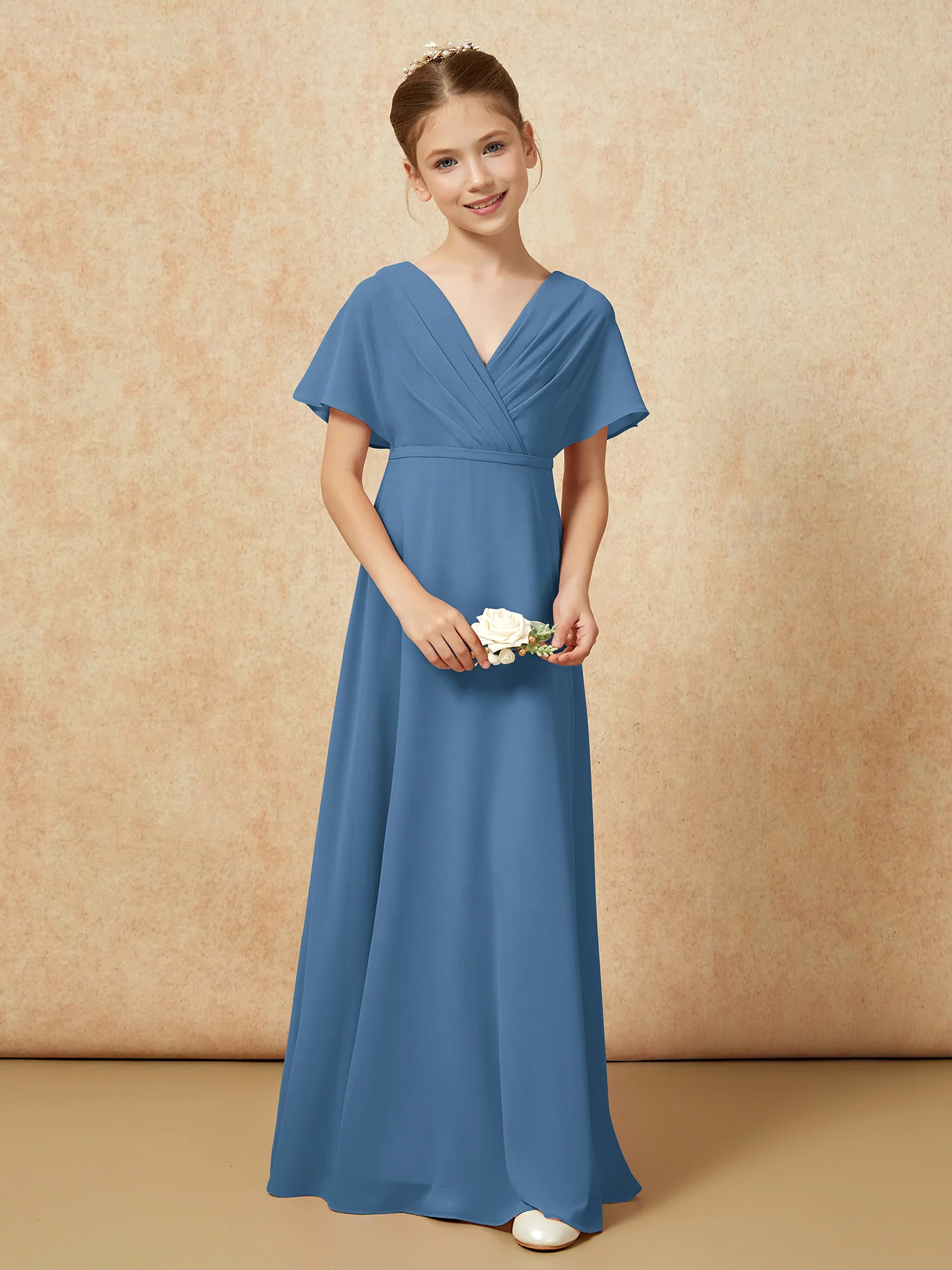 A-Line Flutter Sleeves Chiffon Junior Bridesmaid Dresses Slate Blue - Image 4