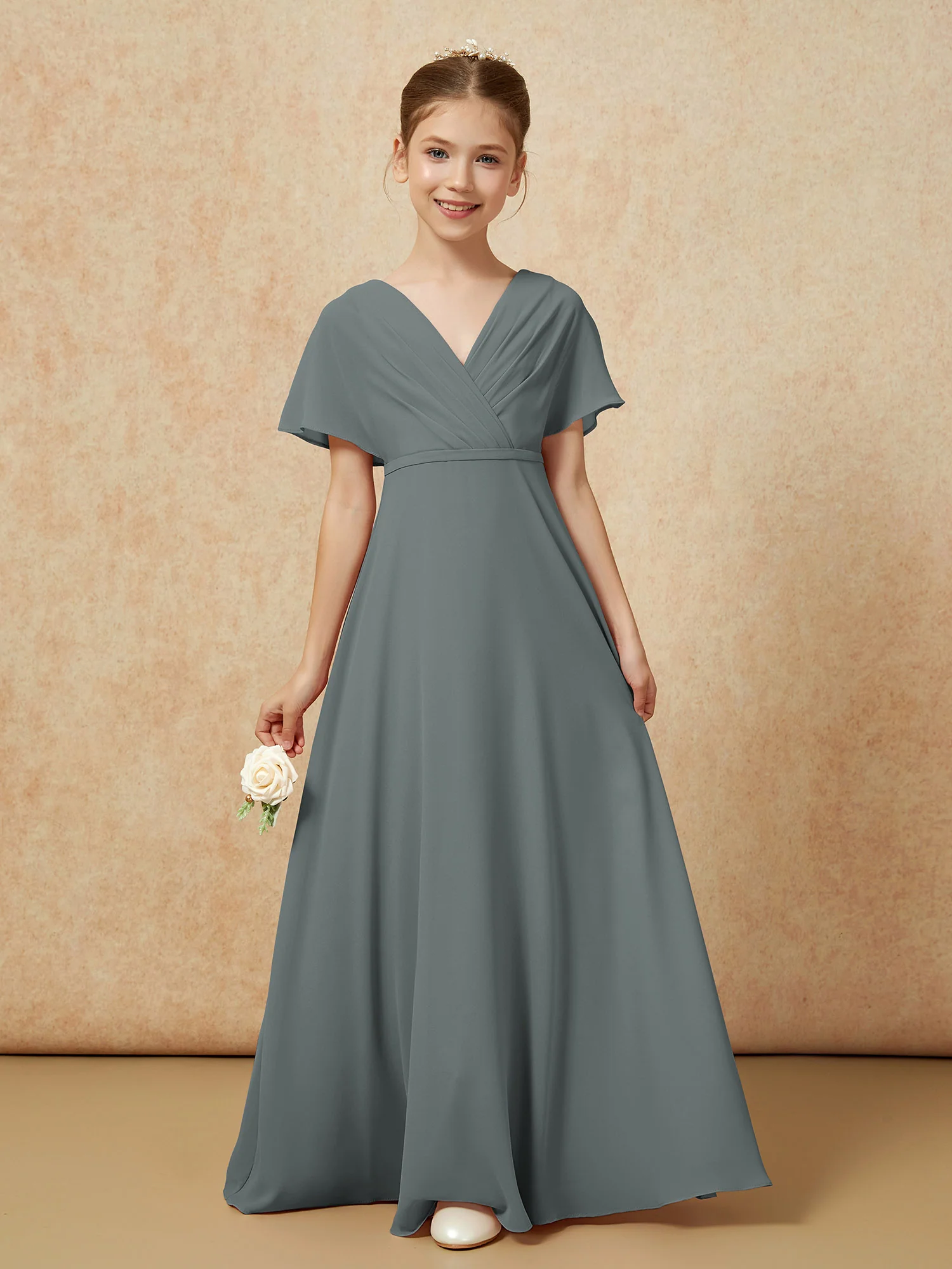 A-Line Flutter Sleeves Chiffon Junior Bridesmaid Dresses Steel Grey - Image 5