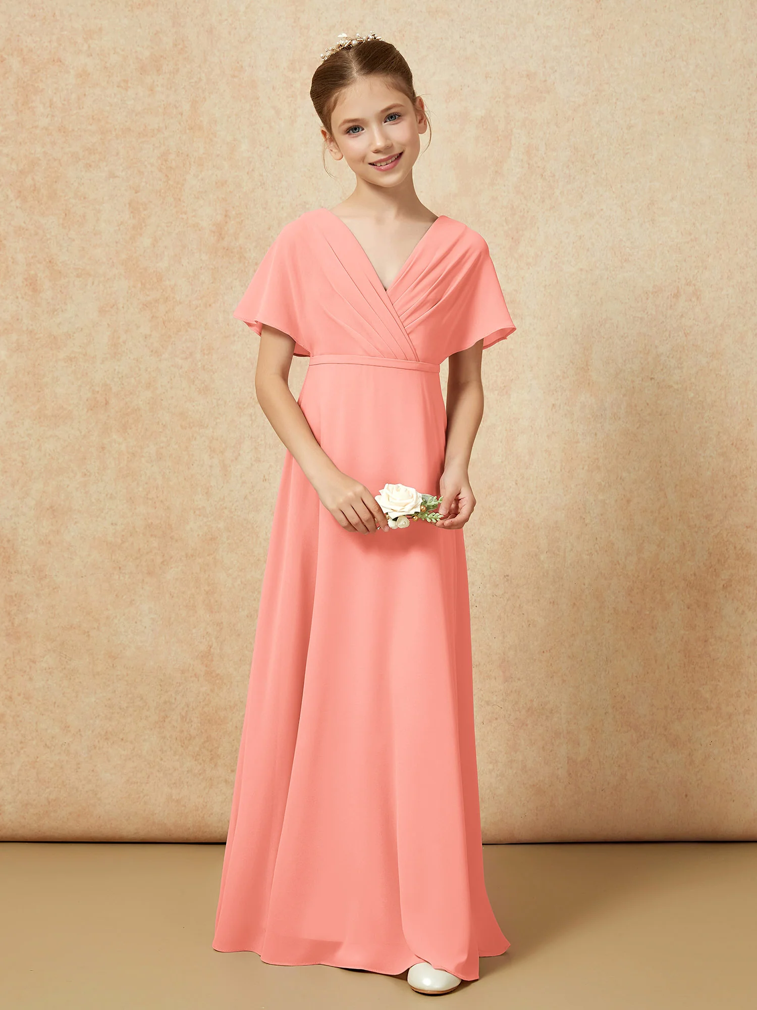 A-Line Flutter Sleeves Chiffon Junior Bridesmaid Dresses Sunset - Image 4