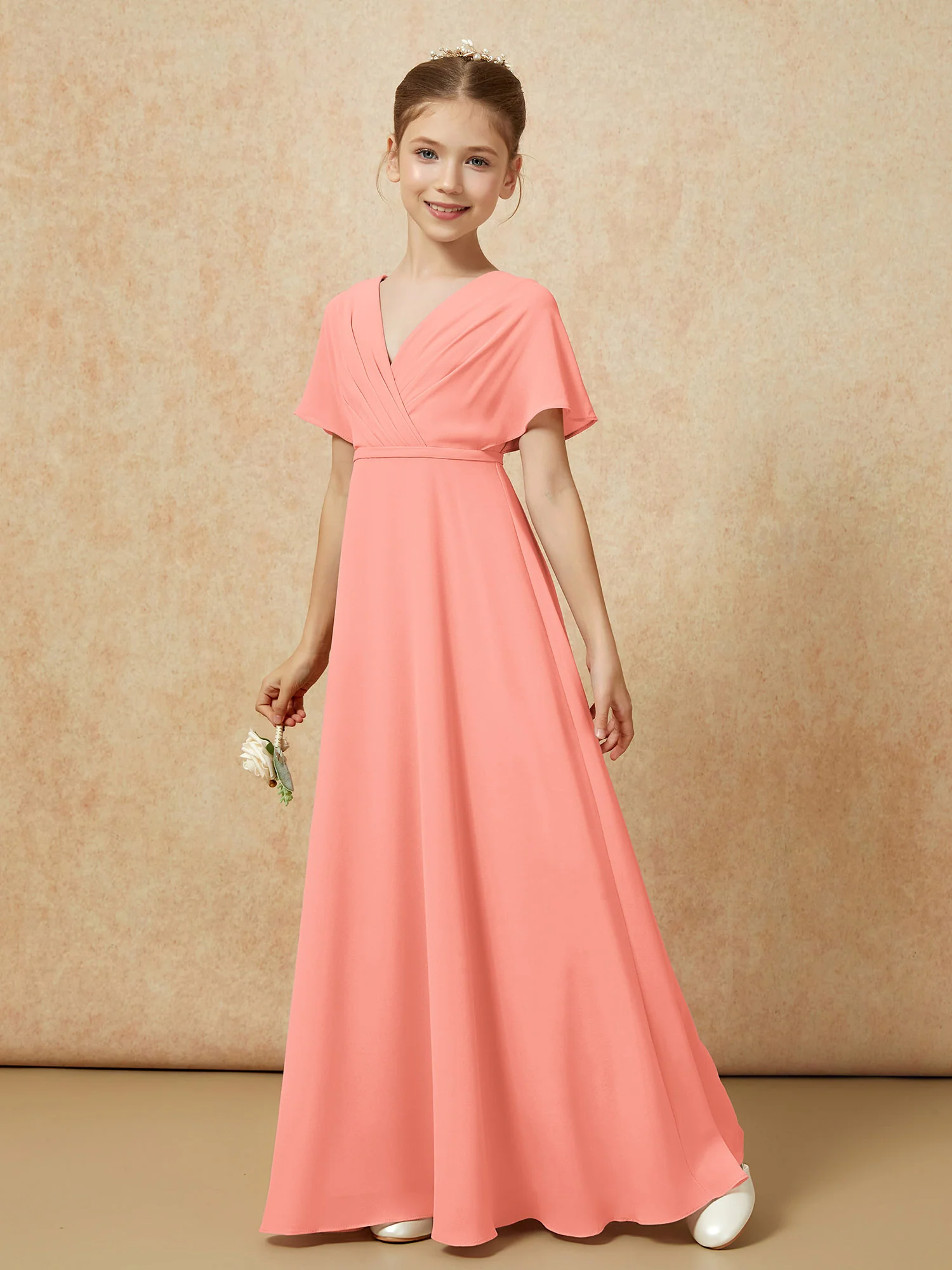 A-Line Flutter Sleeves Chiffon Junior Bridesmaid Dresses Sunset - Image 6