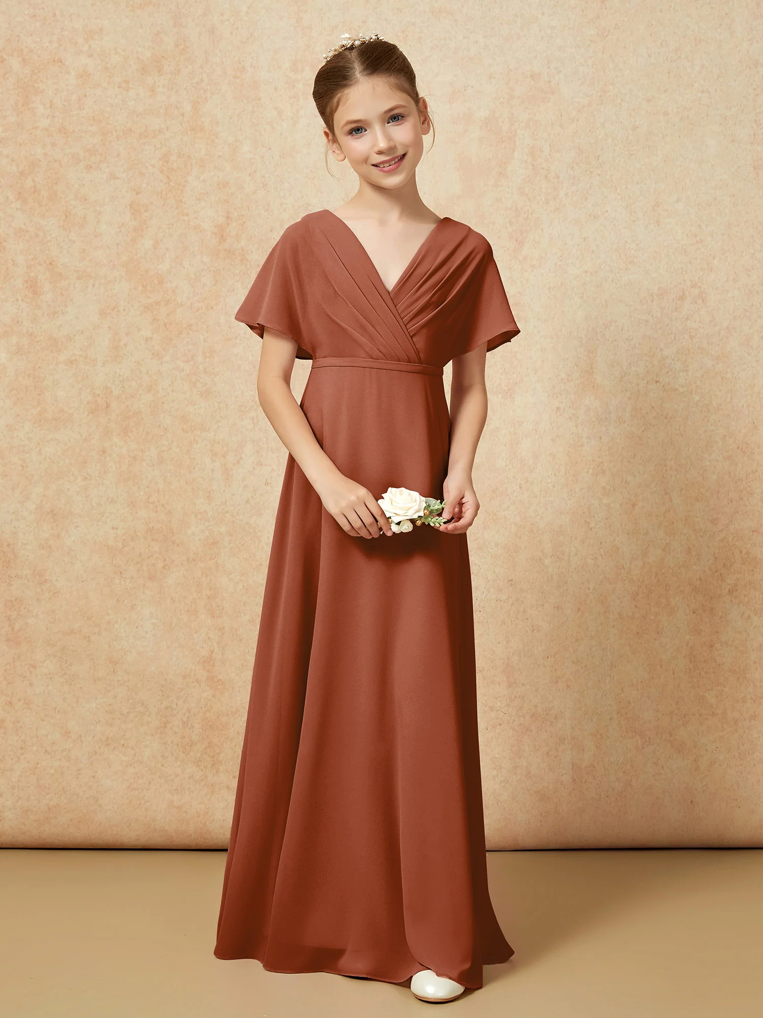 A-Line Flutter Sleeves Chiffon Junior Bridesmaid Dresses Terracotta - Image 4