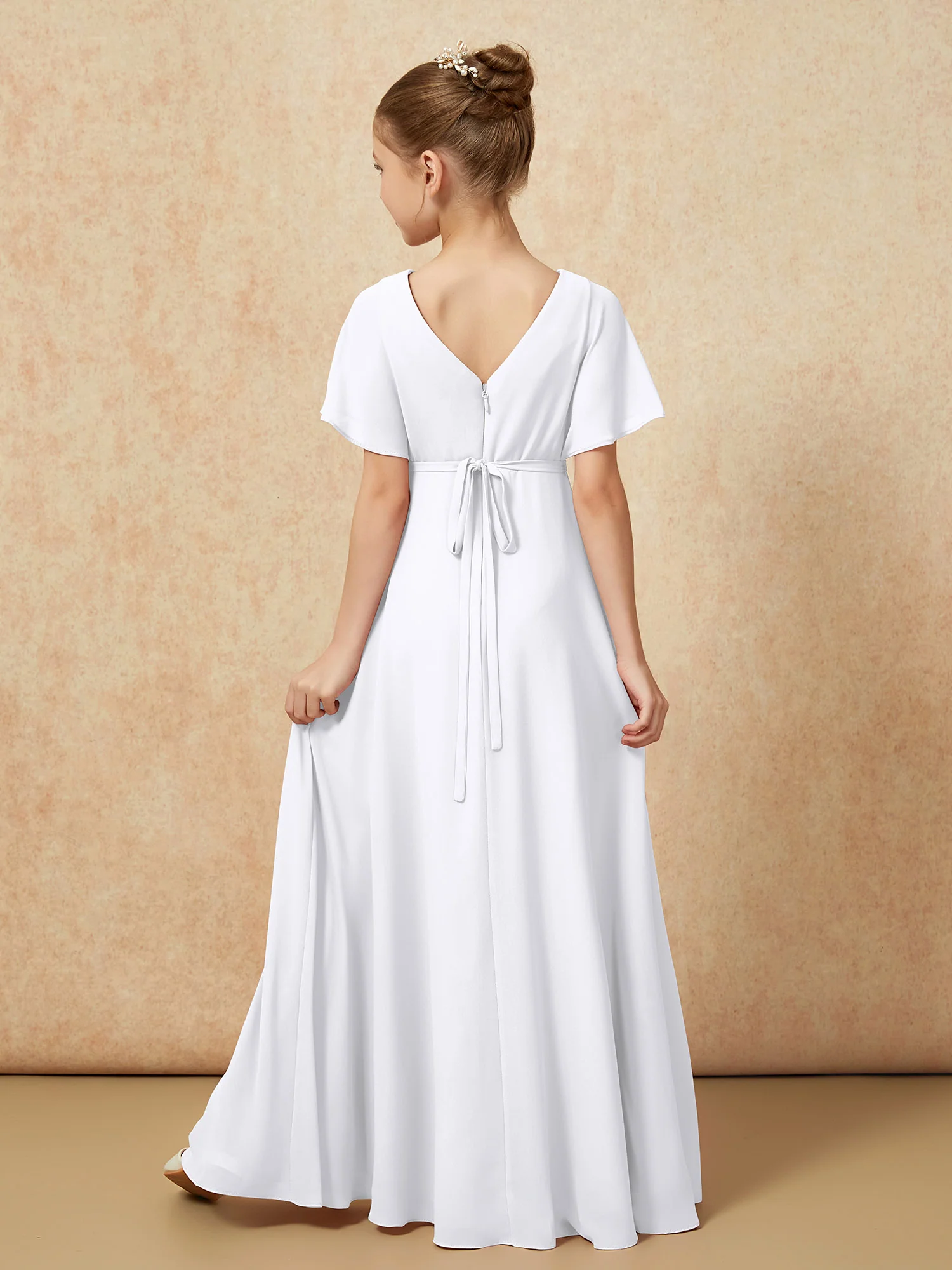 A-Line Flutter Sleeves Chiffon Junior Bridesmaid Dresses White - Image 2