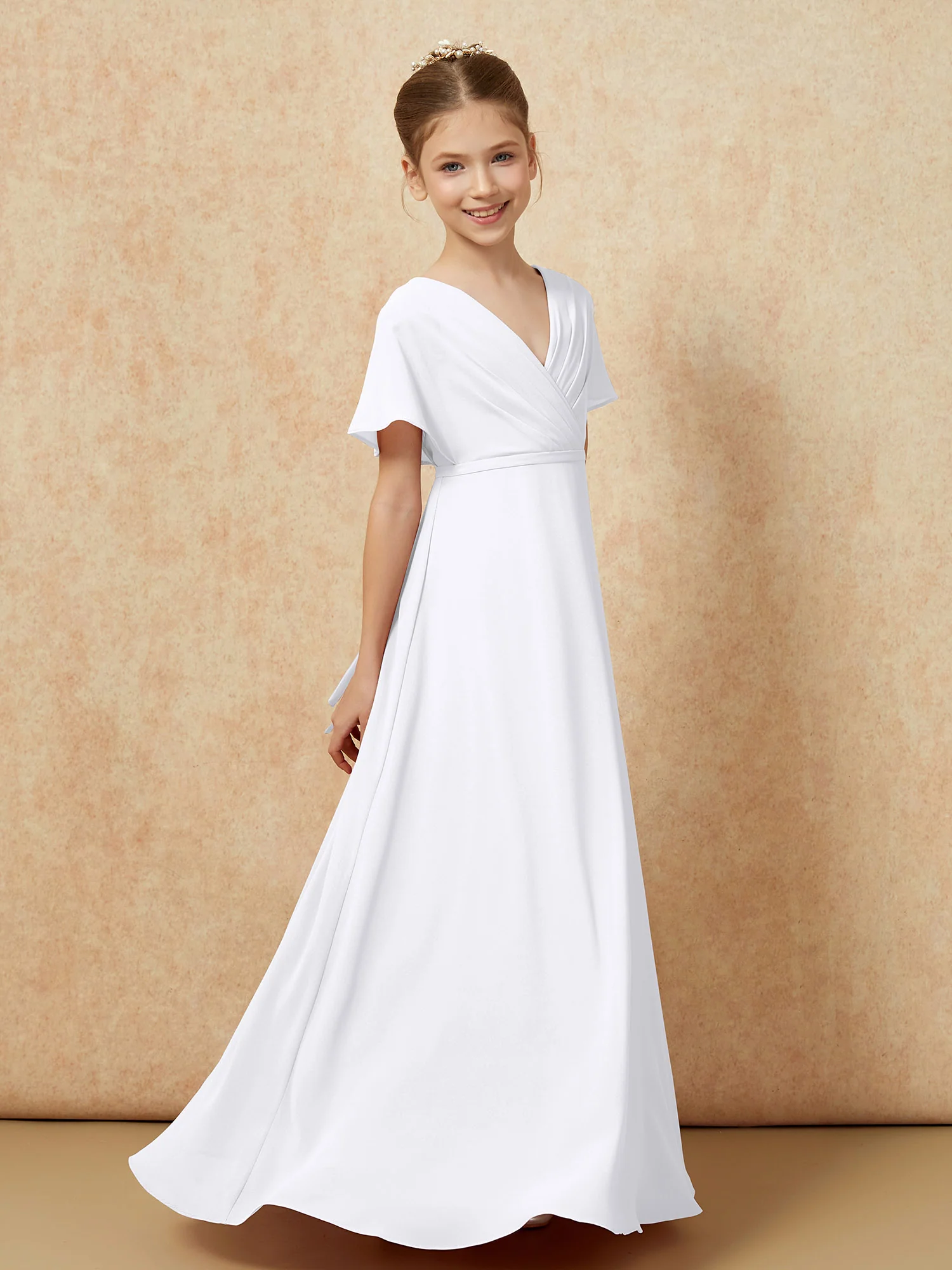 A-Line Flutter Sleeves Chiffon Junior Bridesmaid Dresses White - Image 3