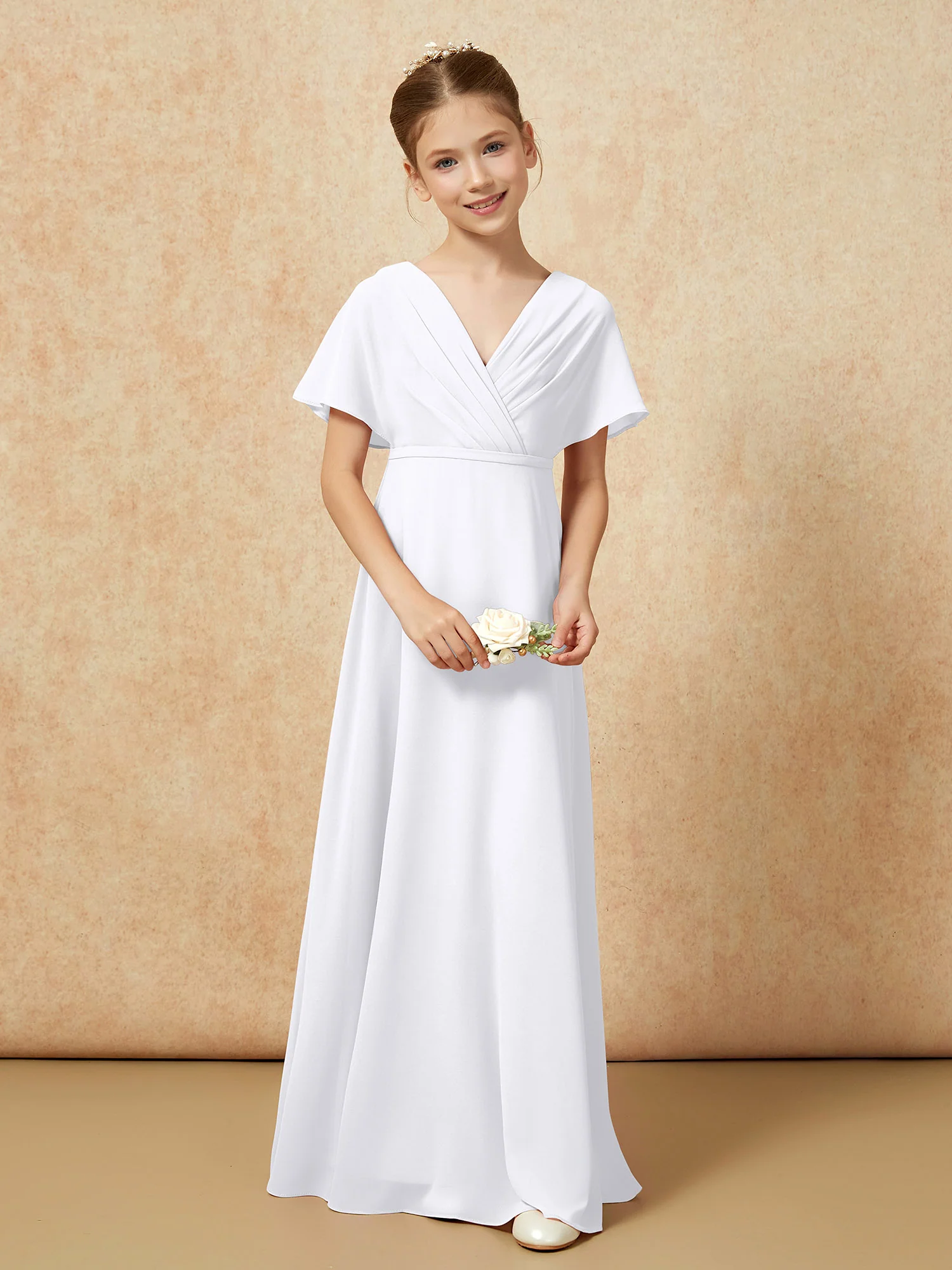 A-Line Flutter Sleeves Chiffon Junior Bridesmaid Dresses White - Image 4