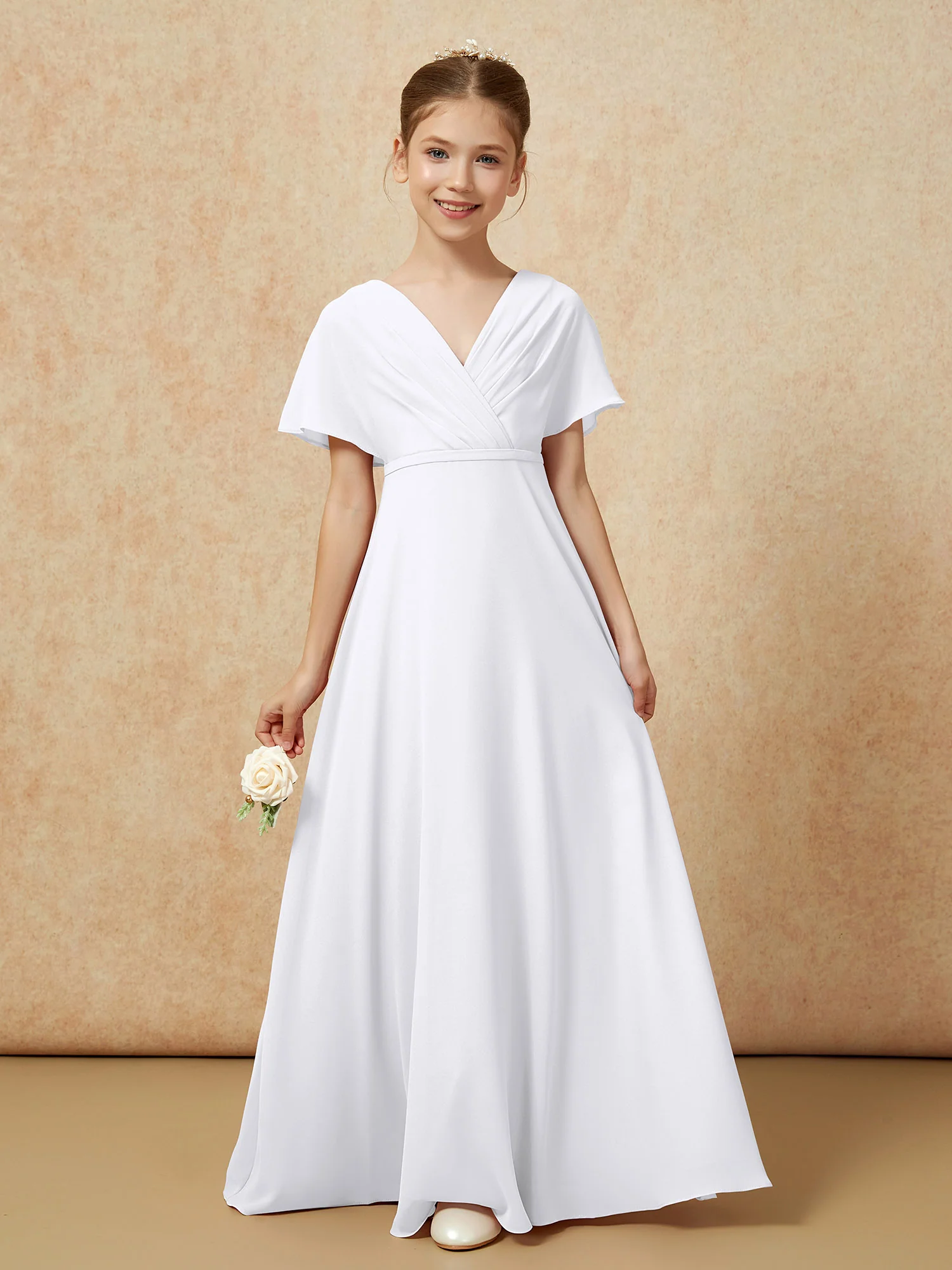 A-Line Flutter Sleeves Chiffon Junior Bridesmaid Dresses White - Image 5