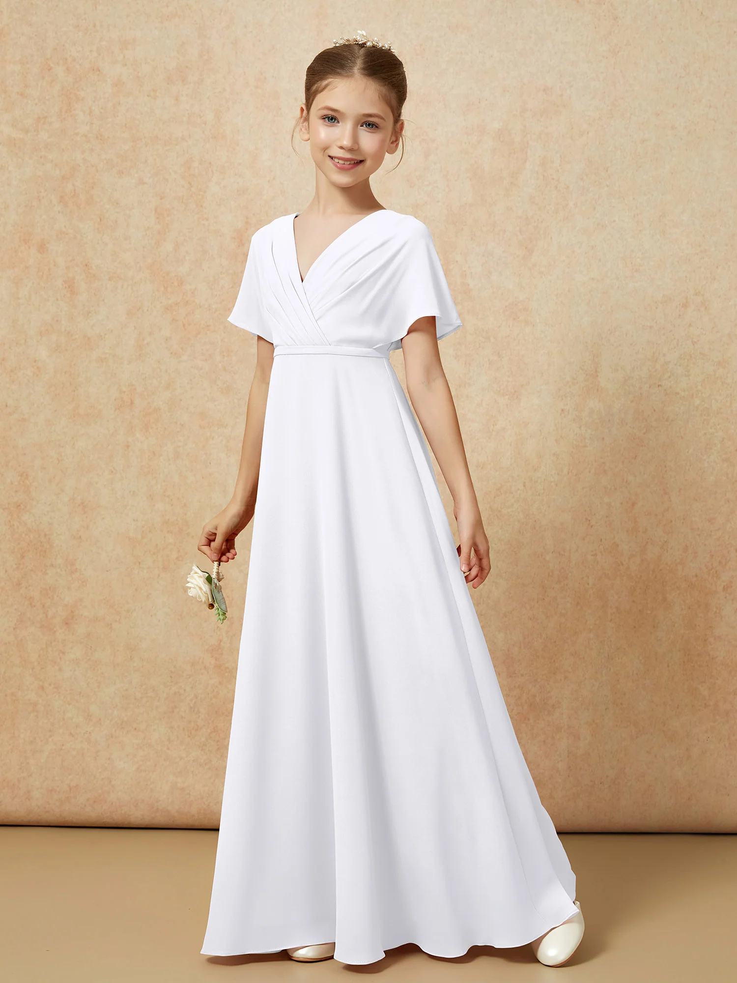 A-Line Flutter Sleeves Chiffon Junior Bridesmaid Dresses White - Image 6