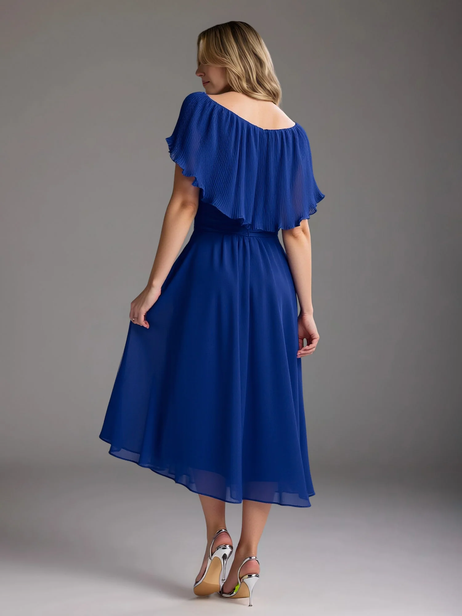 A-Line Flutter Sleeves Chiffon Tea-Length Dress Lemon - Image 2