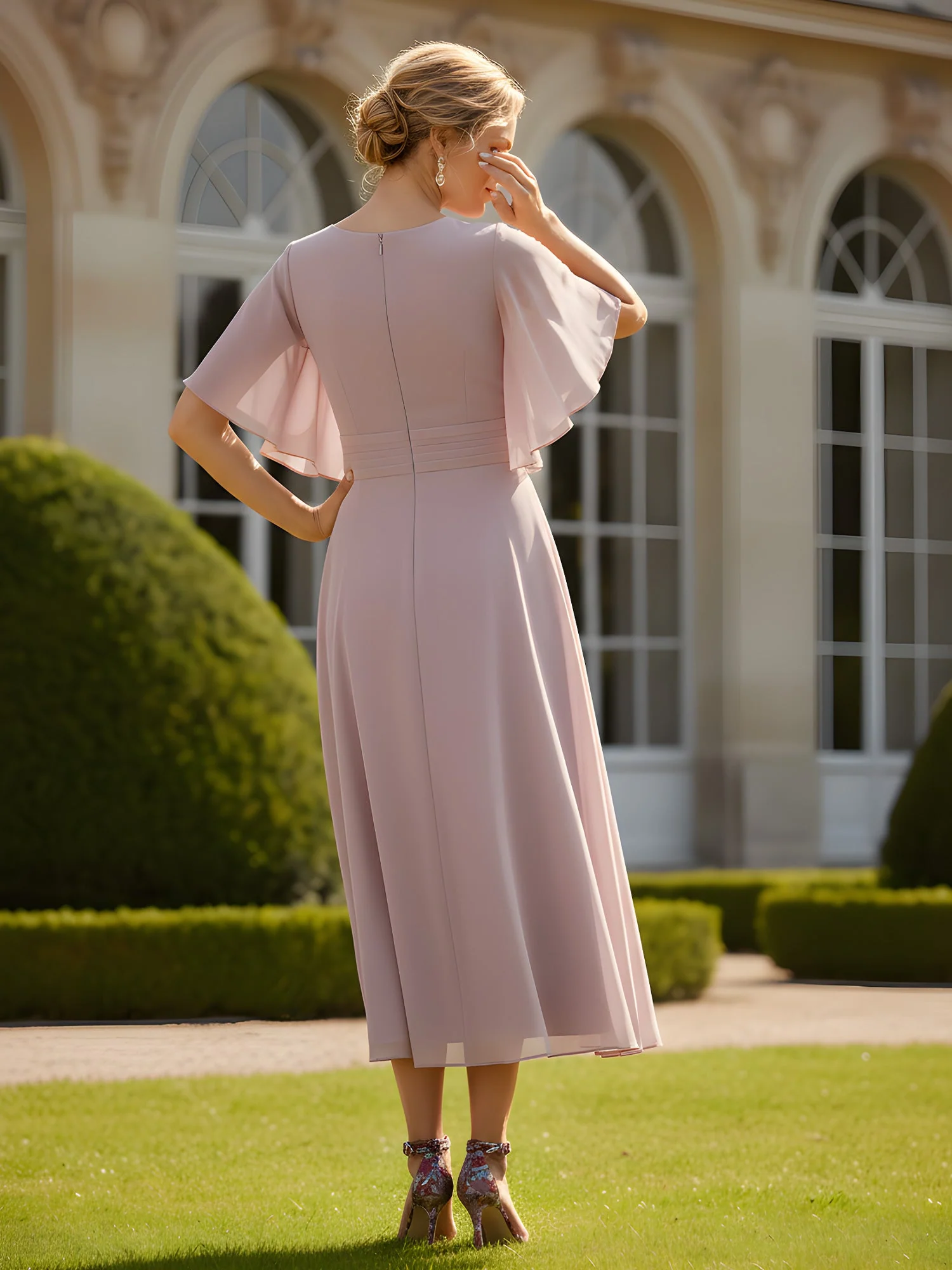 A-Line Flutter Sleeves V-neck Tea-Length Chiffon Dress Watermelon - Image 2