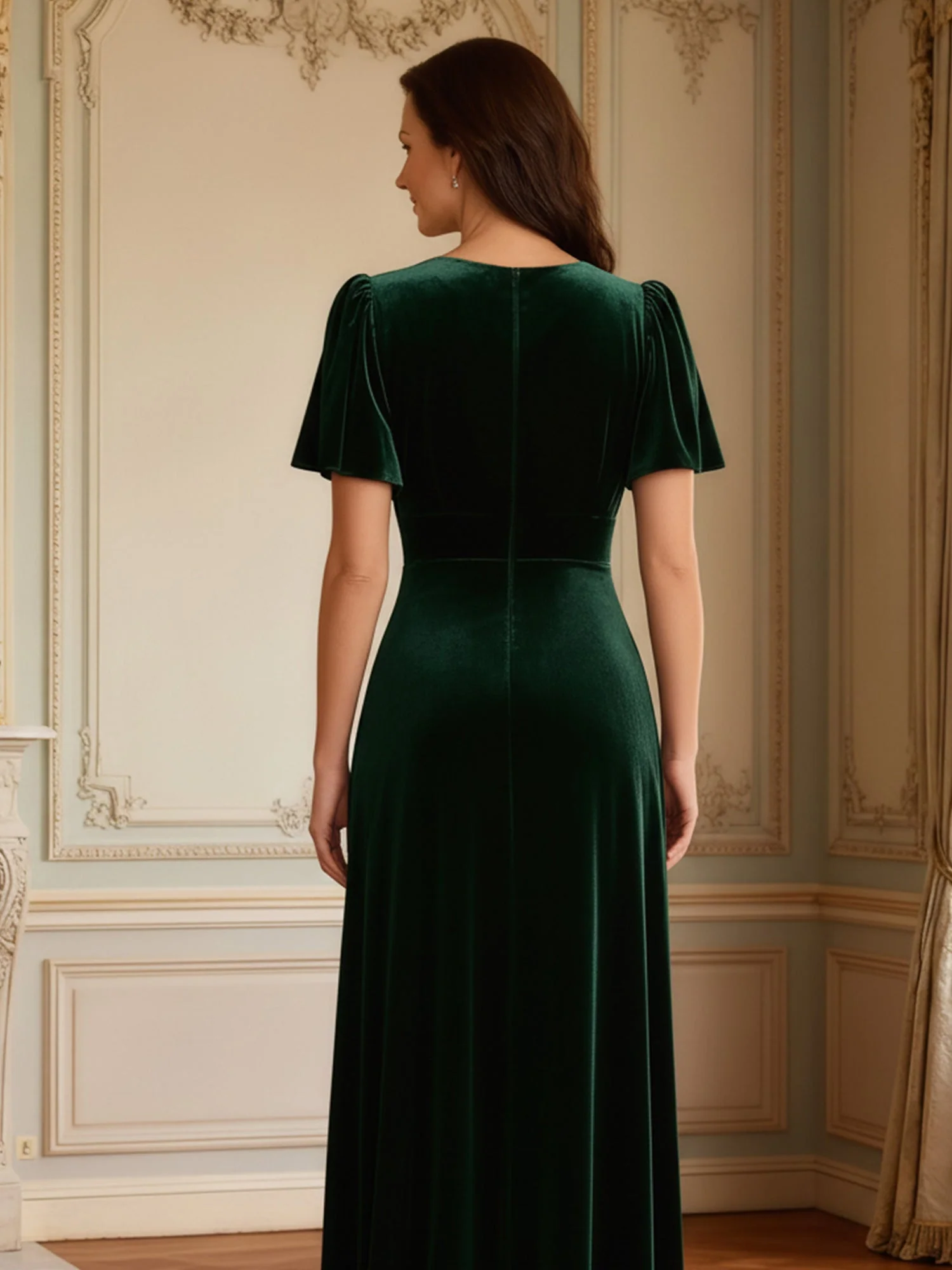 A-Line Flutter Sleeves V-neck Velvet Floor-length Dress Royal Blue - Image 2