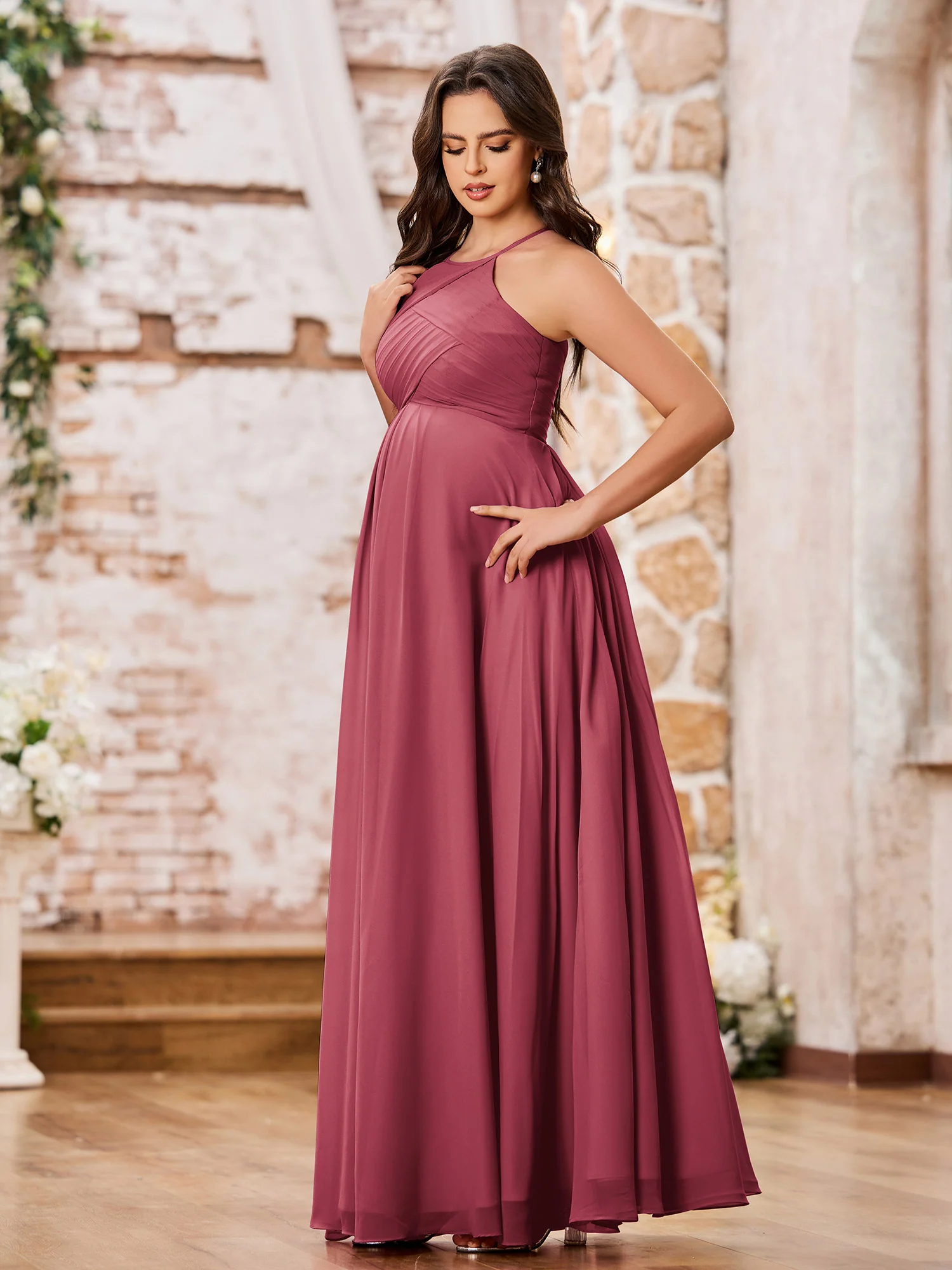 A-line Halter Empire Floor Length Chiffon Bridesmaid Gowns Cinnamon Rose - Image 3