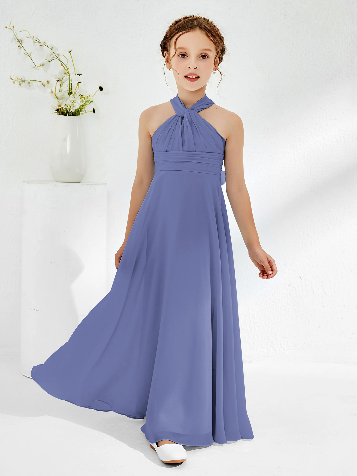 A-line Halter Neckline Sleeveless Junior Bridesmaid Dresses Periwinkle - Image 2