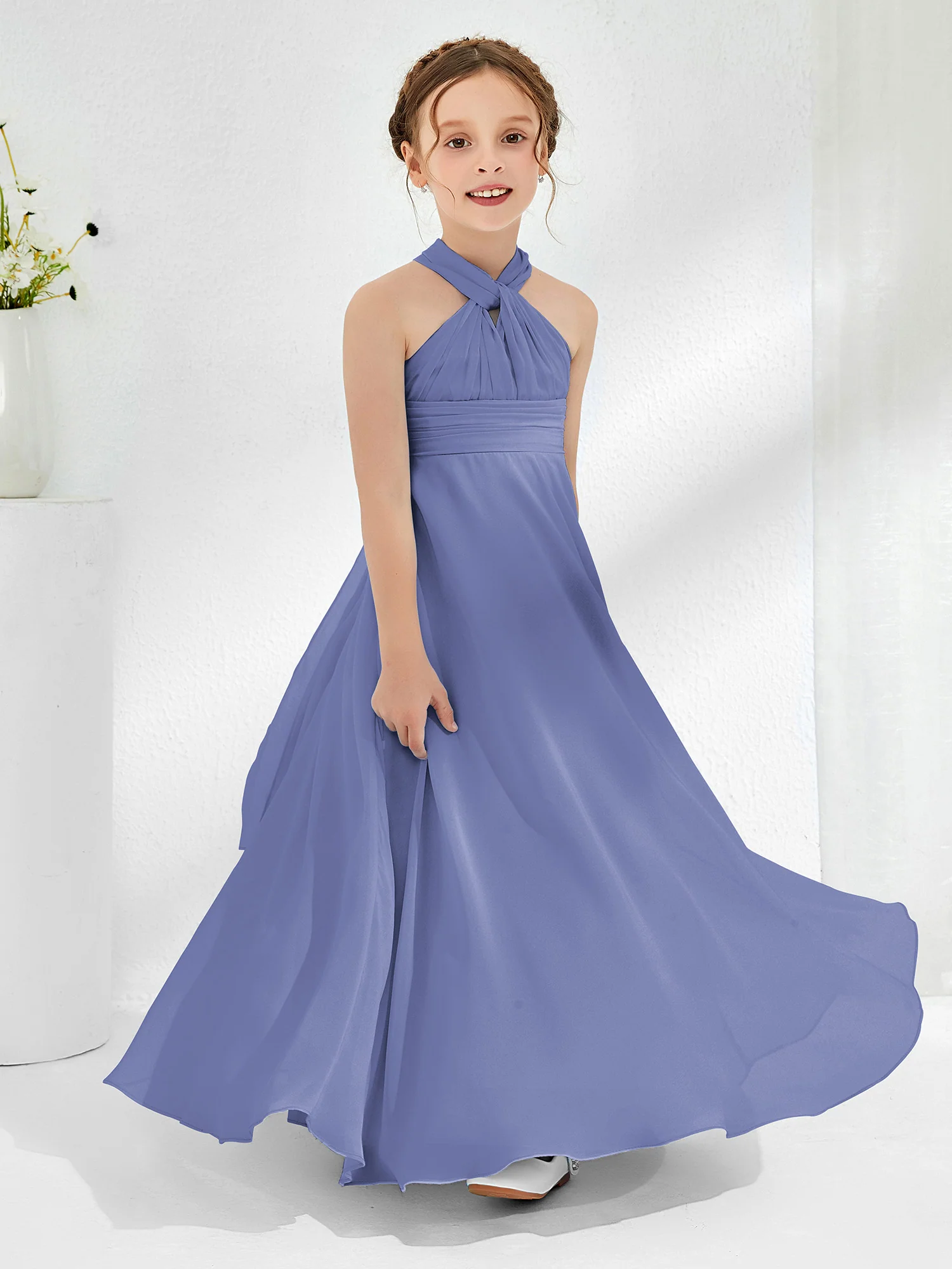 A-line Halter Neckline Sleeveless Junior Bridesmaid Dresses Periwinkle - Image 4