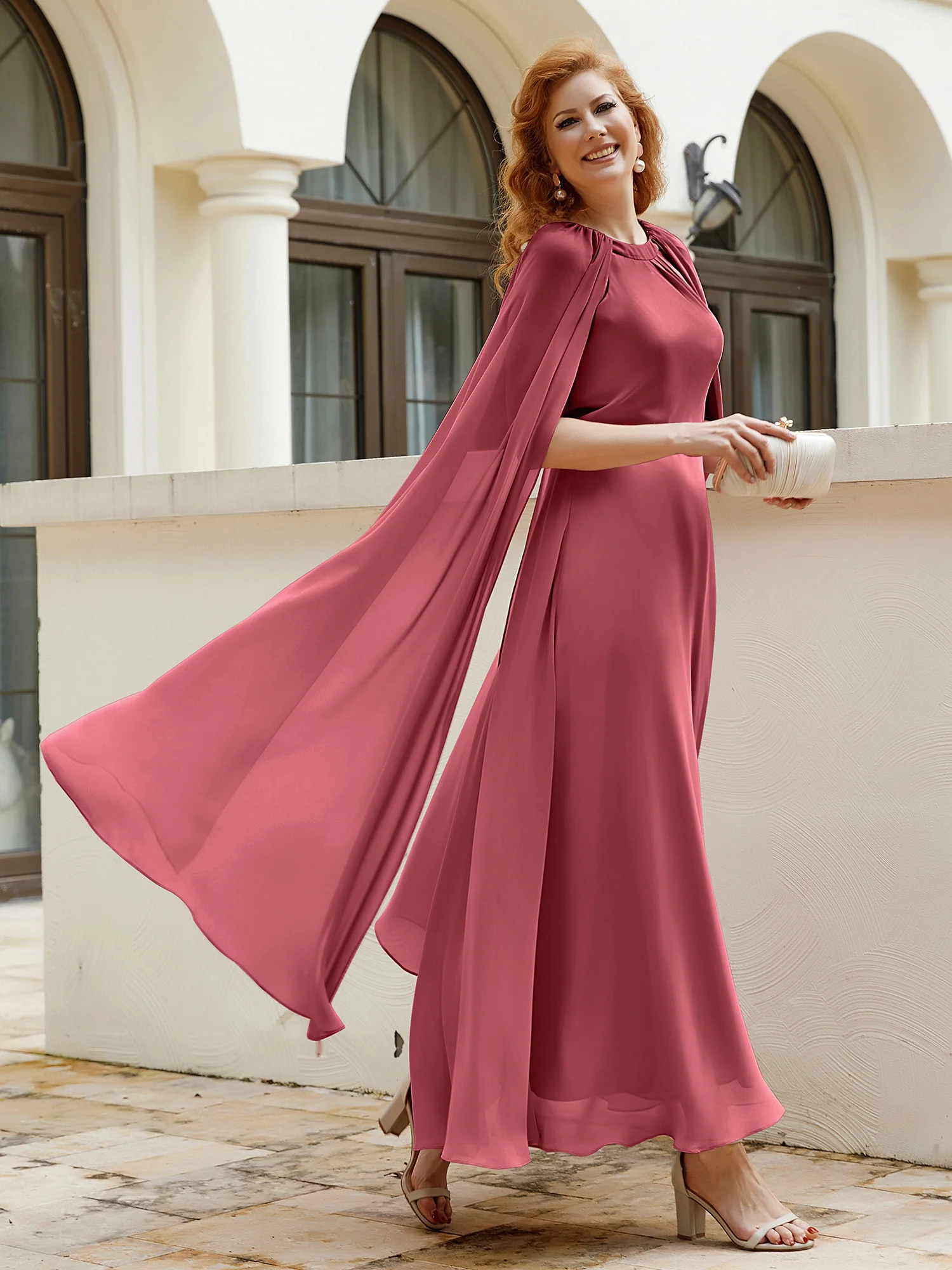 A-line Jewel-Neck Chiffon Dress With Long Cape-Cinnamon Rose - Image 7
