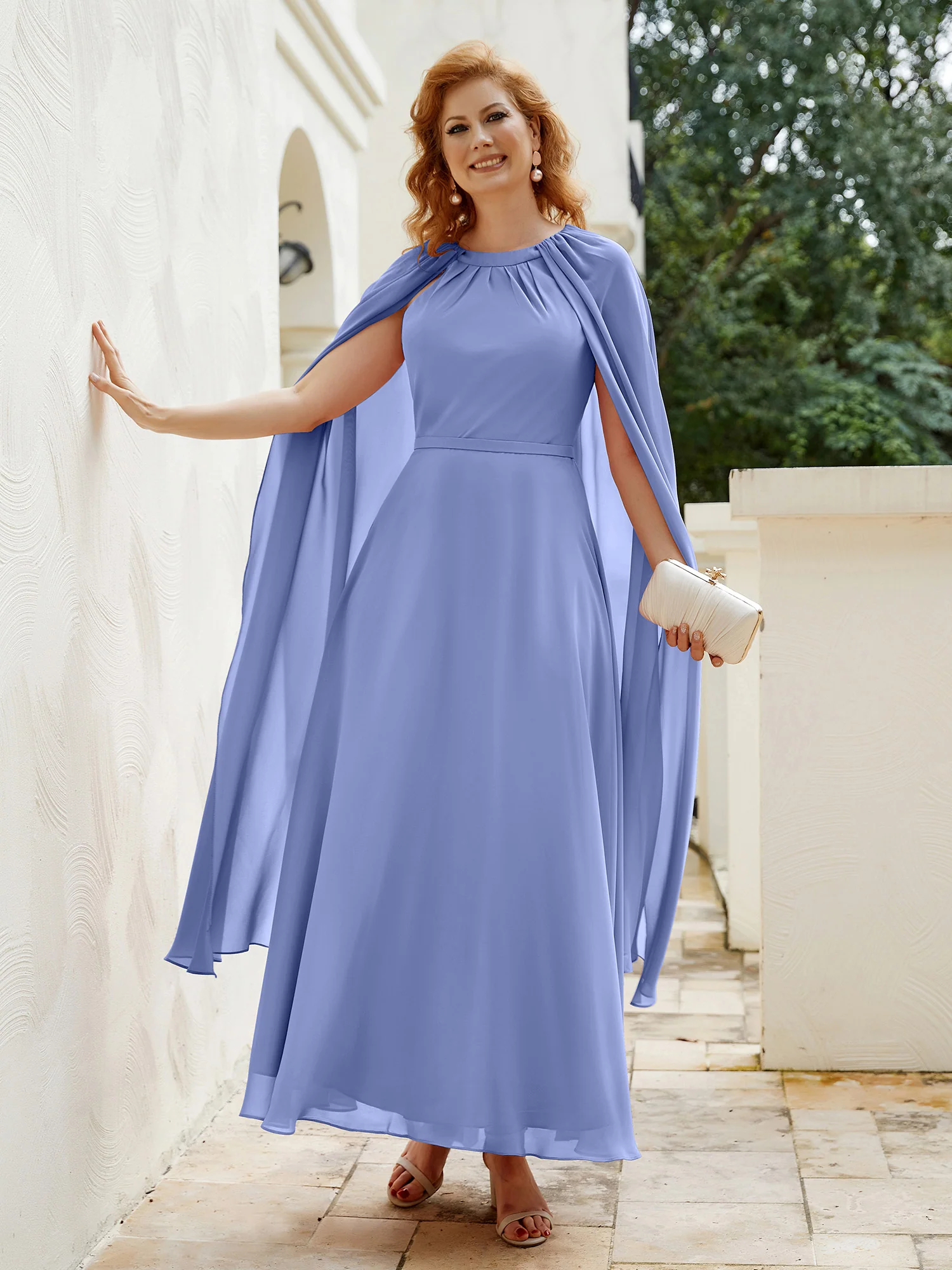 A-line Jewel-Neck Chiffon Dress With Long Cape-Periwinkle