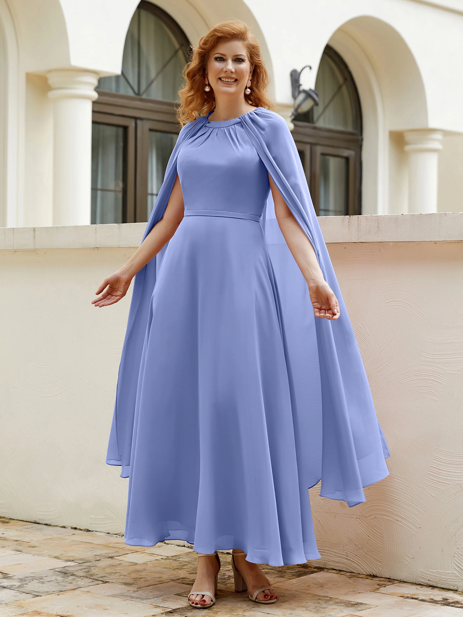 A-line Jewel-Neck Chiffon Dress With Long Cape-Periwinkle - Image 6