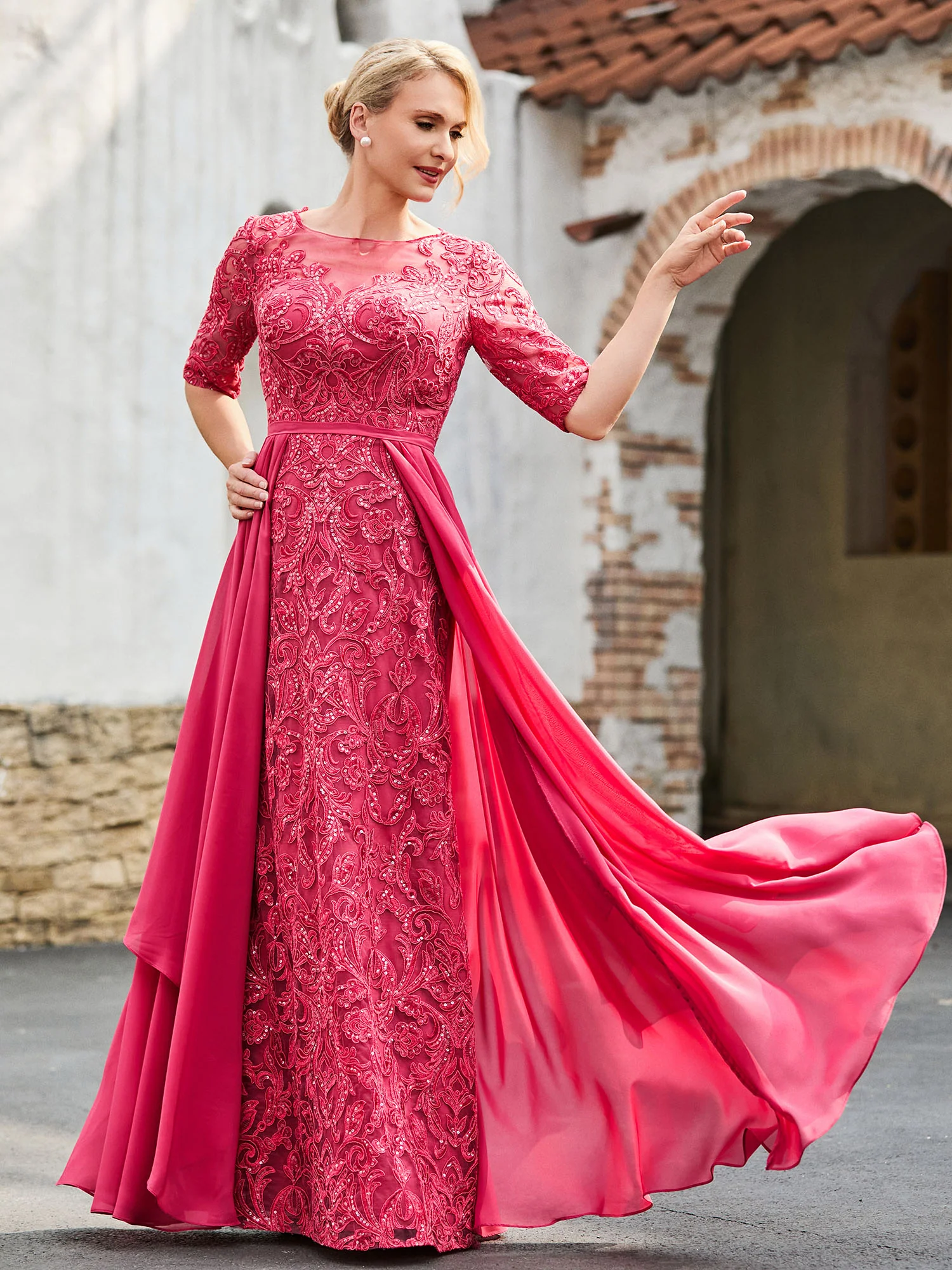 A-line Lace Dress with Trailing Cinnamon Rose - Image 4